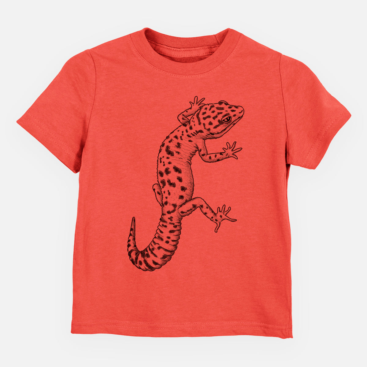 Passionfruit pink toddler t-shirt laid flat, printed with a detailed black ink illustration of a spotted leopard gecko climbing.