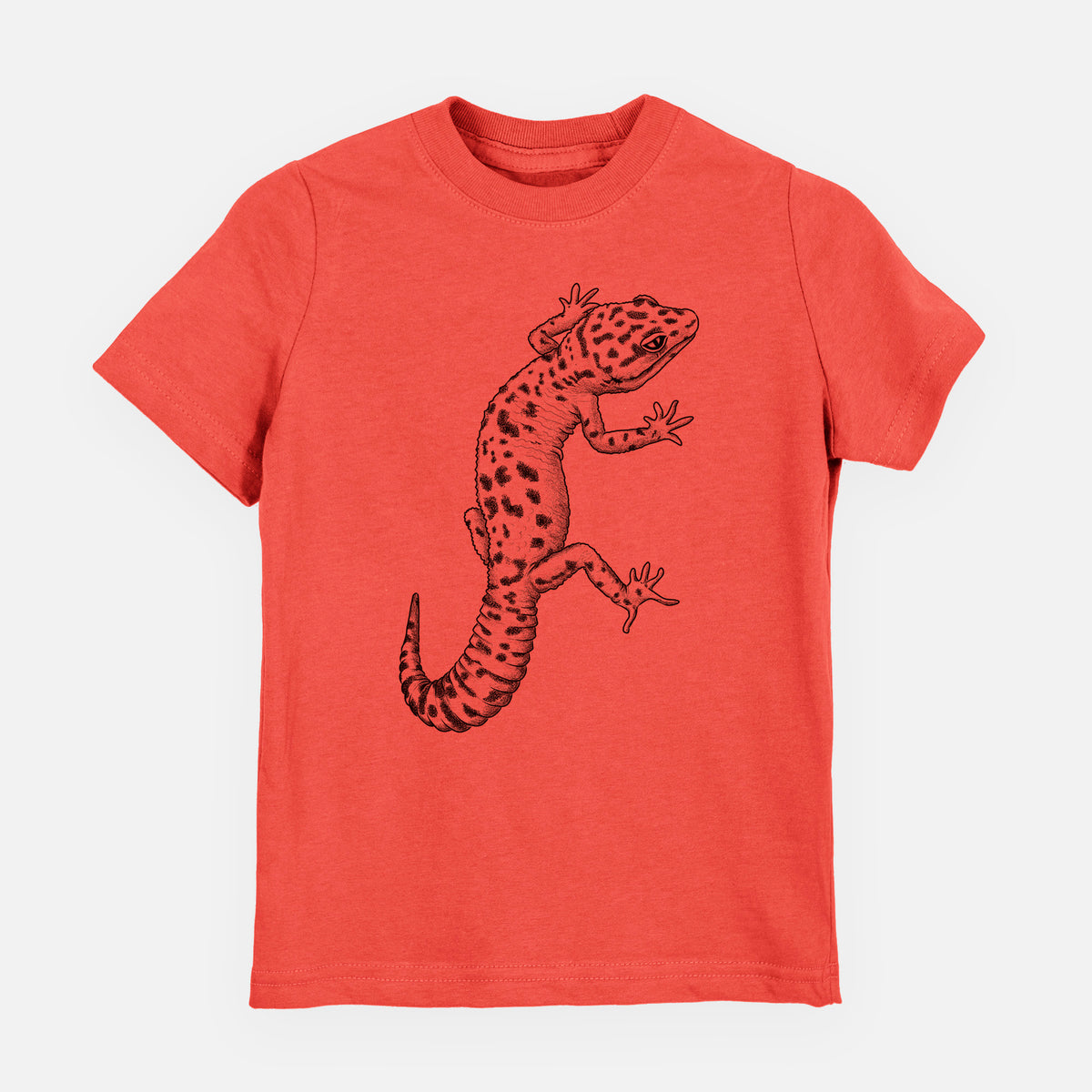 Passionfruit pink youth t-shirt laid flat, printed with a detailed black ink illustration of a spotted leopard gecko climbing.