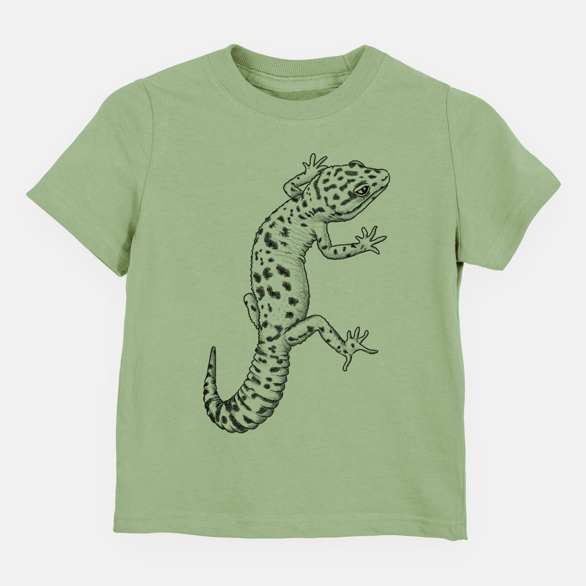 Sage green toddler t-shirt laid flat, printed with a detailed black ink illustration of a spotted leopard gecko climbing.