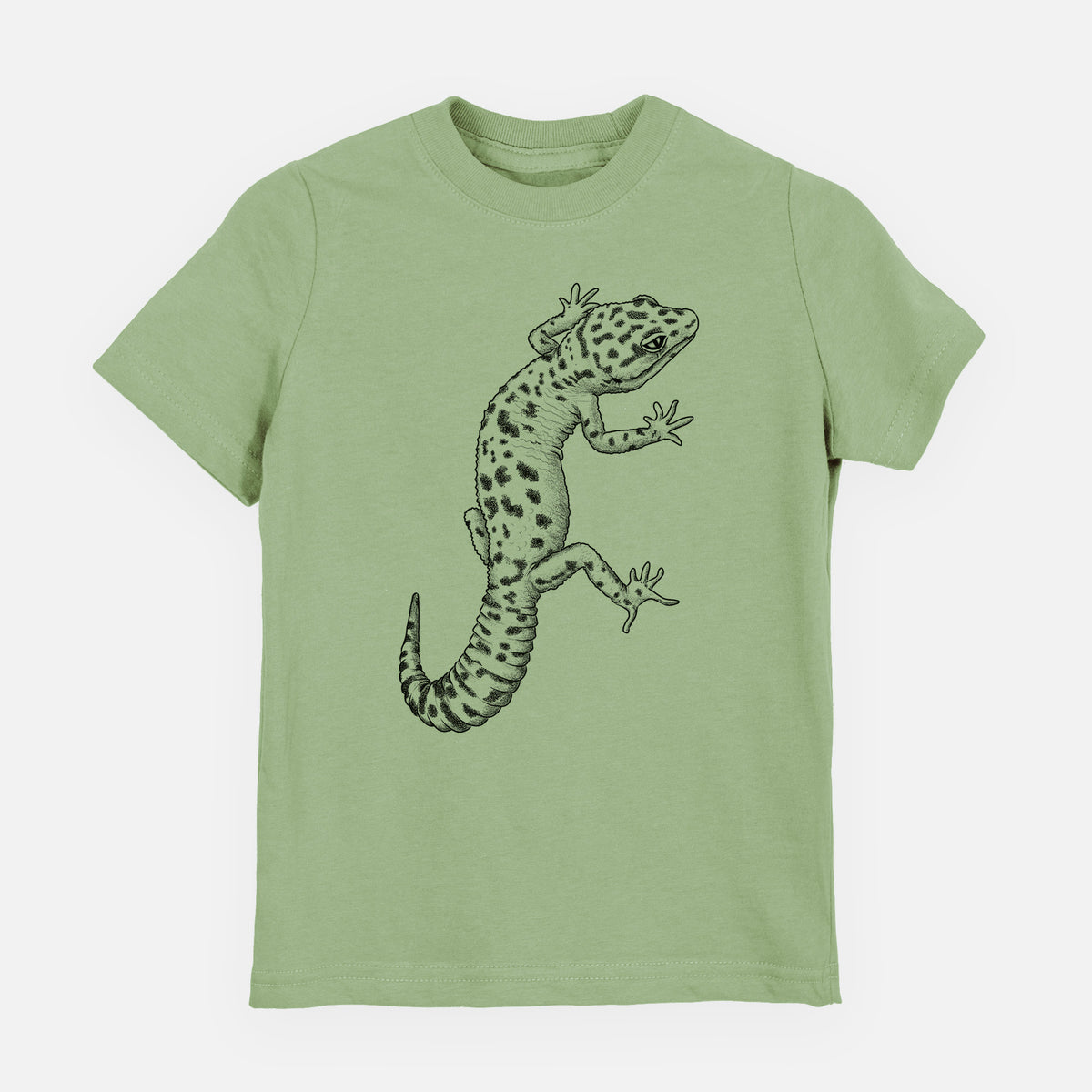 Sage green youth t-shirt laid flat, printed with a detailed black ink illustration of a spotted leopard gecko climbing.