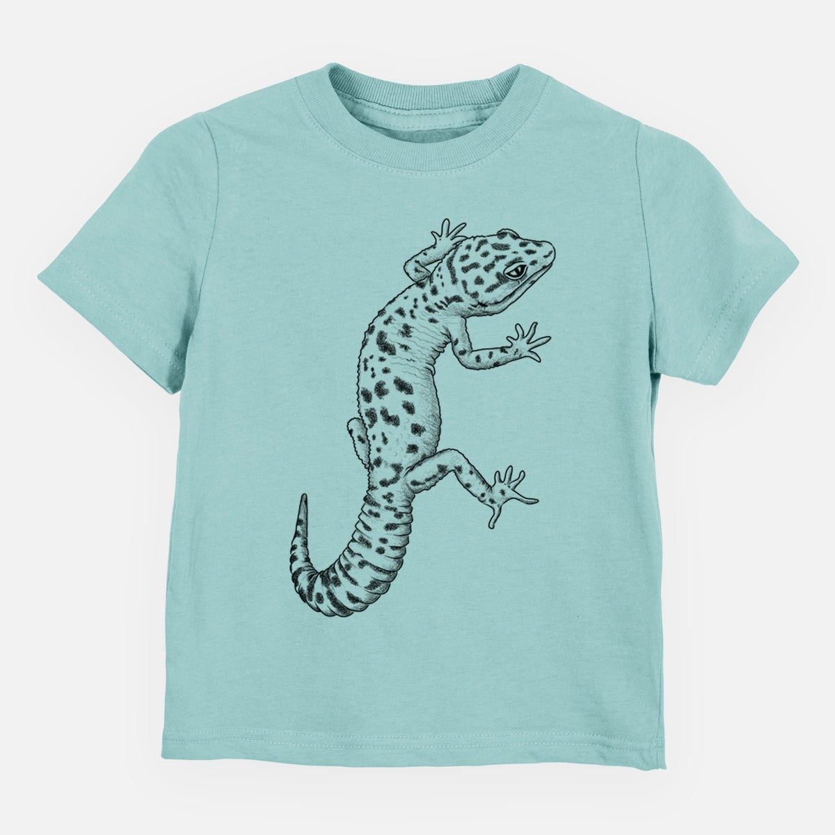 Saltwater toddler t-shirt laid flat, printed with a detailed black ink illustration of a spotted leopard gecko climbing.