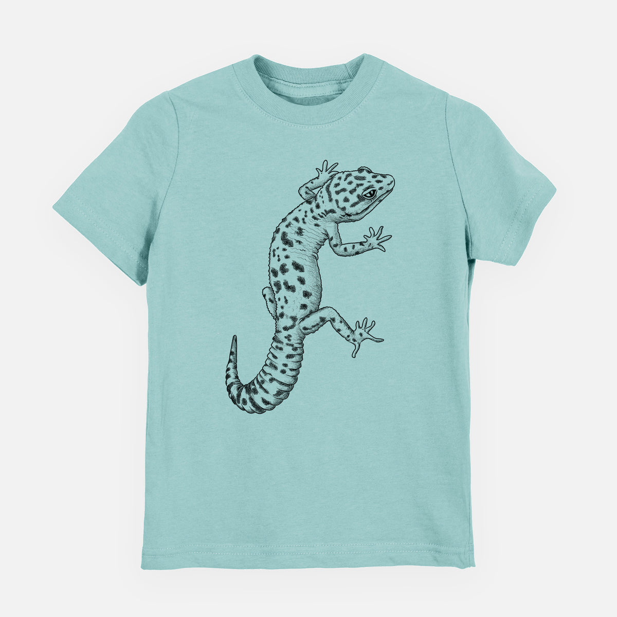 Saltwater youth t-shirt laid flat, printed with a detailed black ink illustration of a spotted leopard gecko climbing.