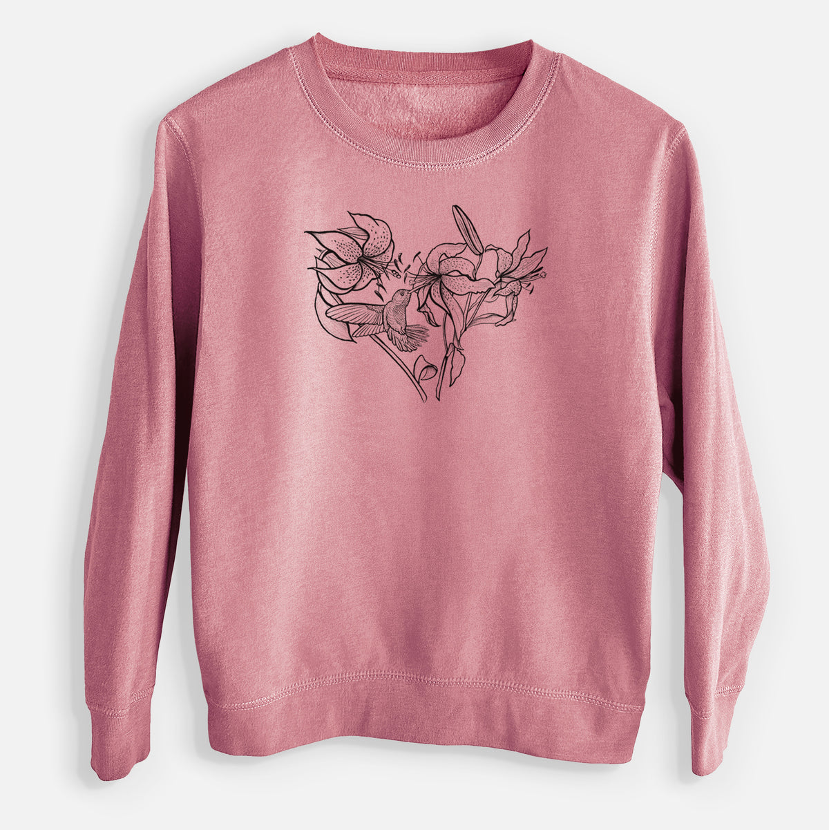 Mauve pink youth crewneck sweatshirt laid flat, printed with a black ink line drawing of lilies and a hummingbird arranged in a heart shape.
