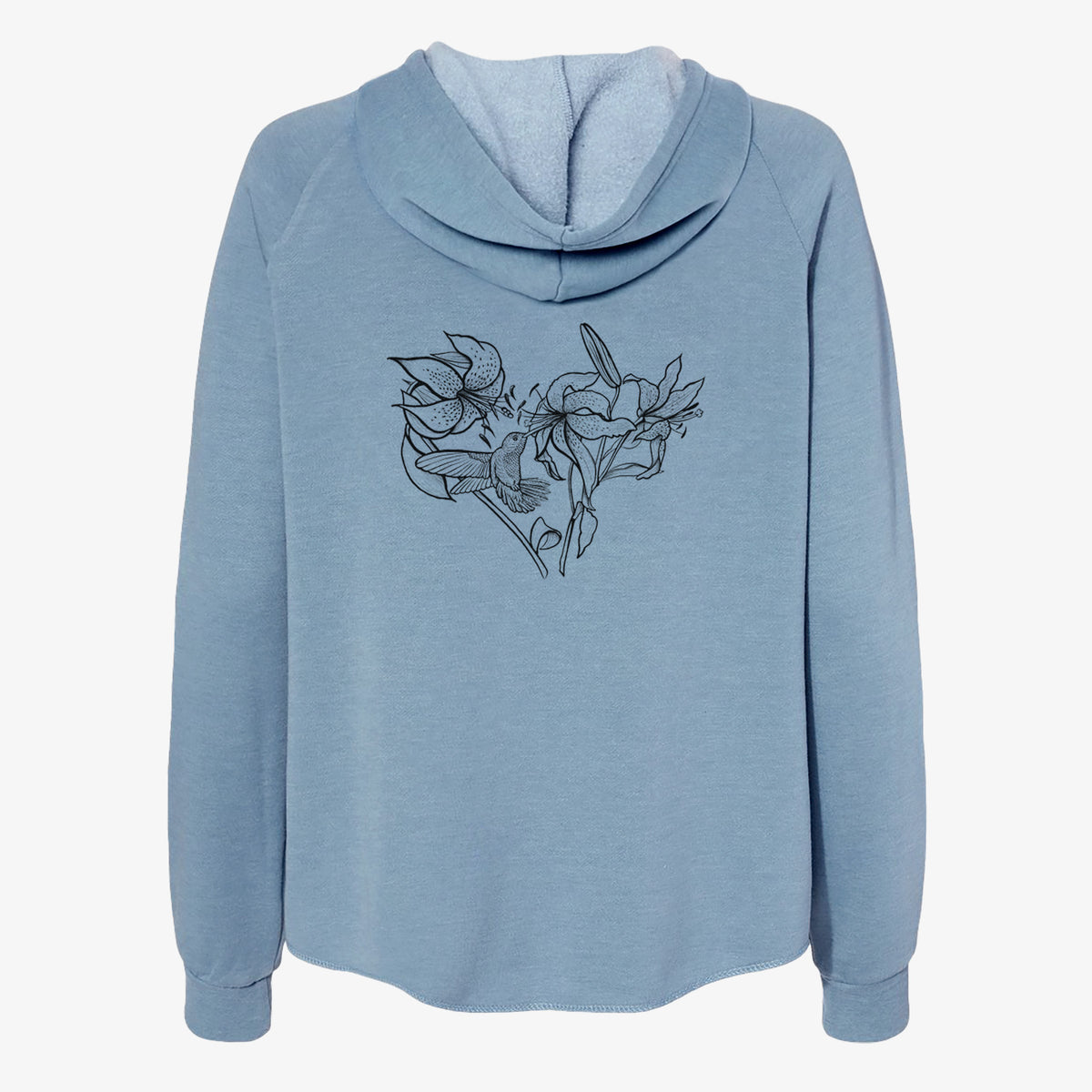 Misty blue women's Cali Wave zip-up sweatshirt laid flat, printed with a black ink line drawing of lilies and a hummingbird arranged in a heart shape.