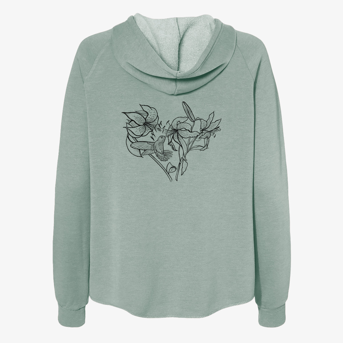 Sage green women's Cali Wave zip-up sweatshirt laid flat, printed with a black ink line drawing of lilies and a hummingbird arranged in a heart shape.