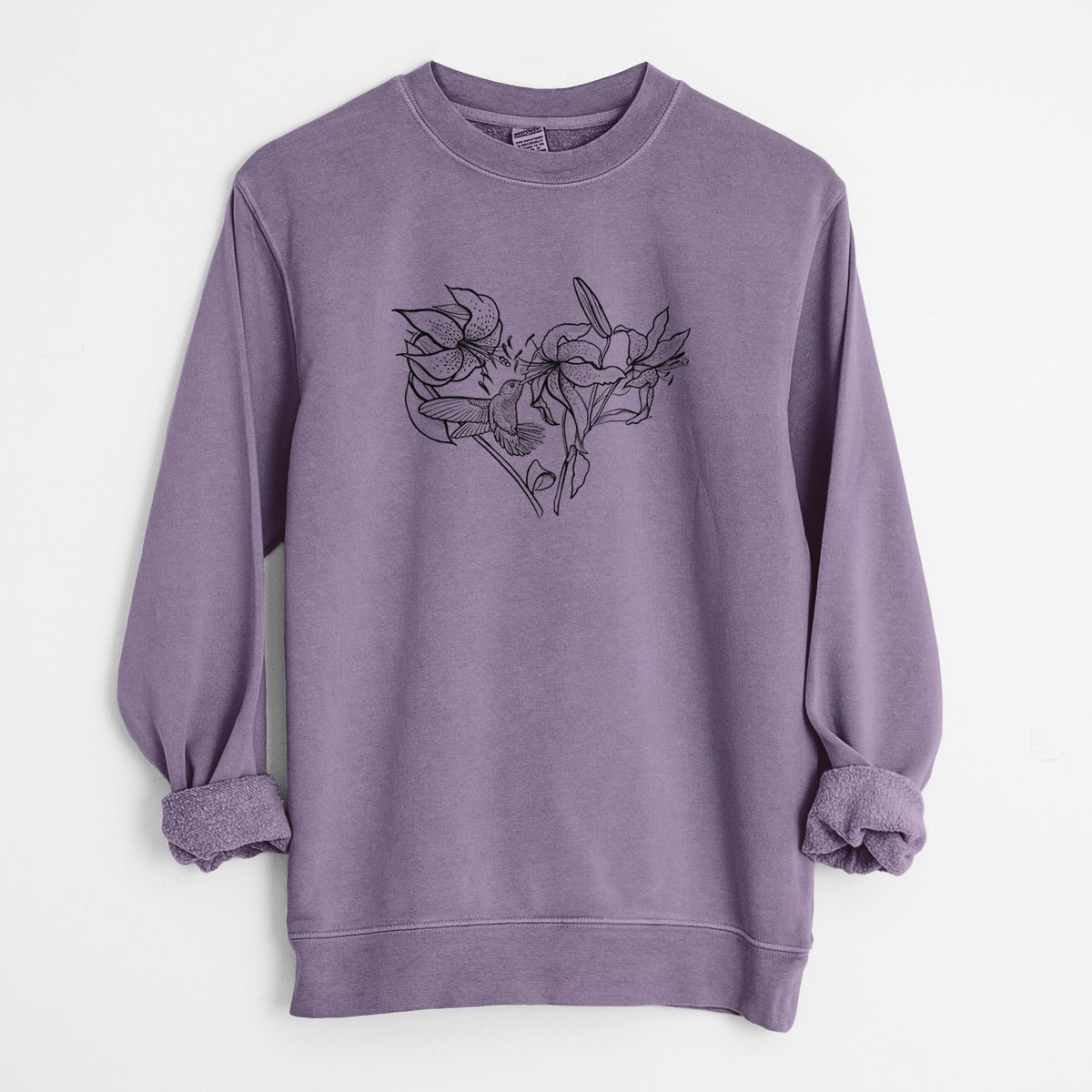 Hummingbird with Lillies Heart - Unisex Pigment Dyed Crew Sweatshirt in Plum