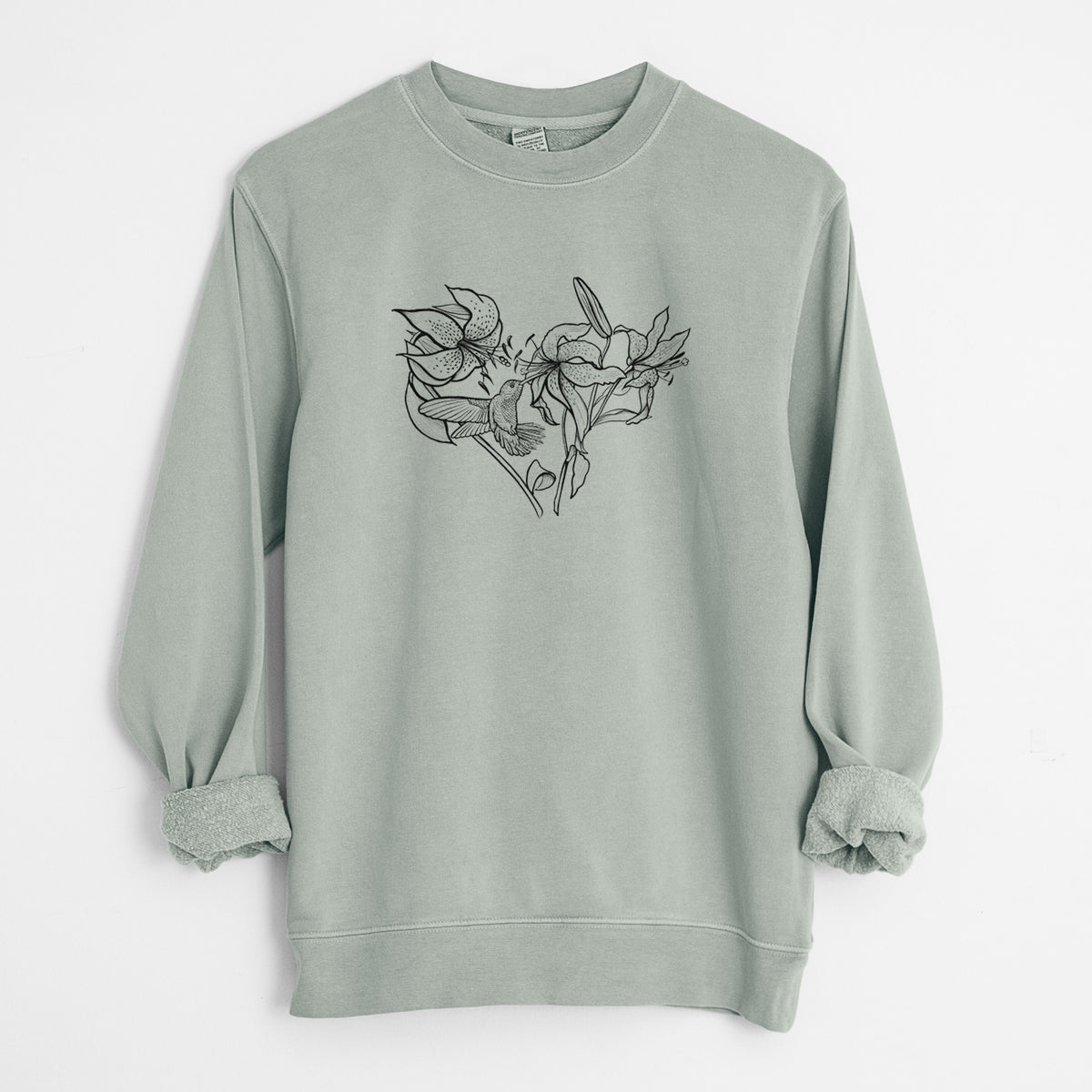 Hummingbird with Lillies Heart - Unisex Pigment Dyed Crew Sweatshirt in Sage