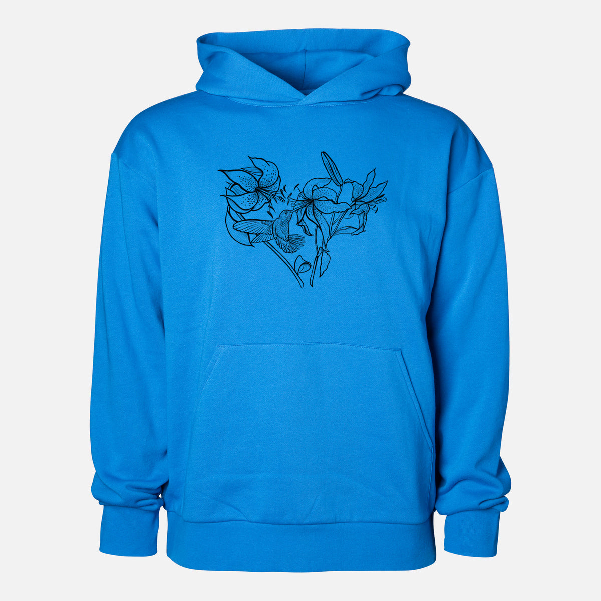 Hummingbird with Lillies Heart - Statement Midweight Hoodie in Azure Blue, shown from the front with the design printed on the chest above a front kangaroo pocket.