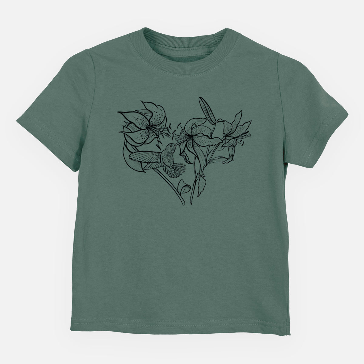 Basil green toddler t-shirt laid flat, printed with a black ink line drawing of lilies and a hummingbird arranged in a heart shape.