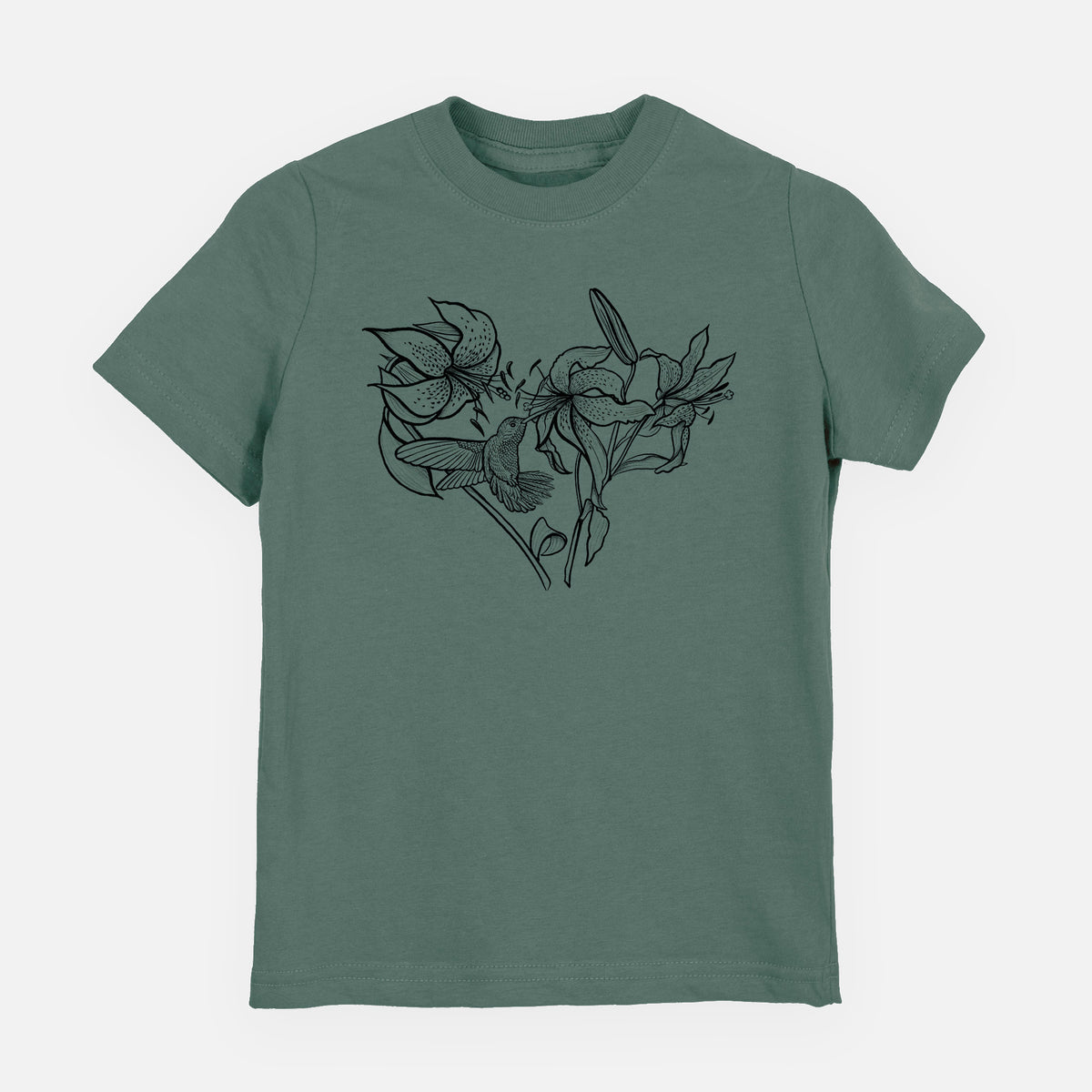 Basil green youth t-shirt laid flat, printed with a black ink line drawing of lilies and a hummingbird arranged in a heart shape.