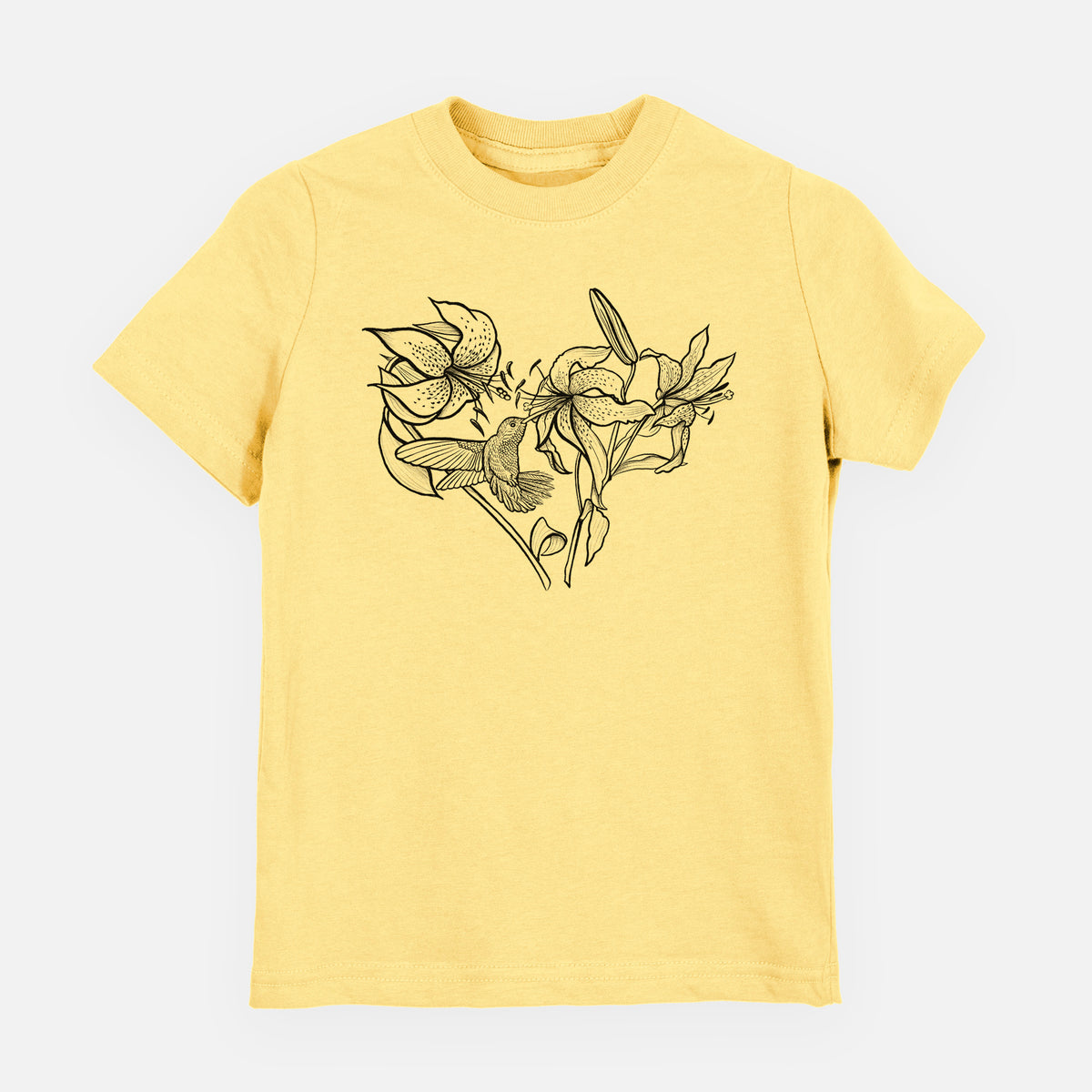 Butter yellow youth t-shirt laid flat, printed with a black ink line drawing of lilies and a hummingbird arranged in a heart shape.