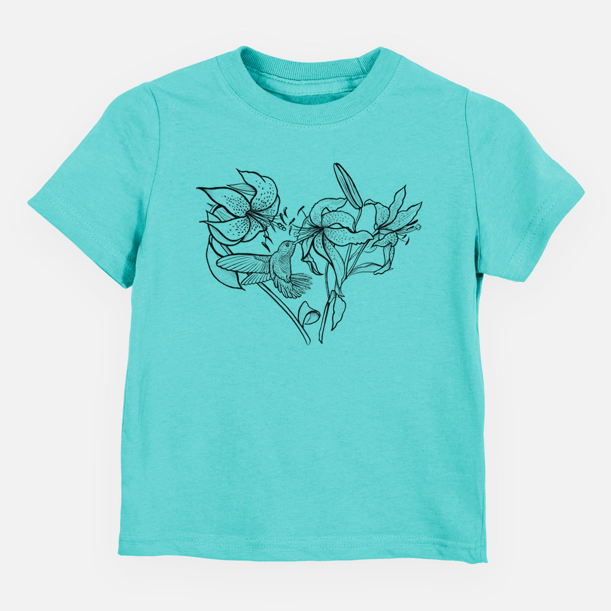 Caribbean blue toddler t-shirt laid flat, printed with a black ink line drawing of lilies and a hummingbird arranged in a heart shape.