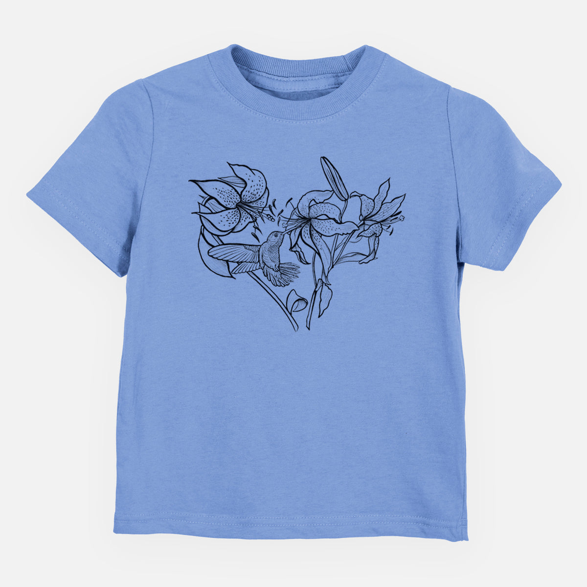 Carolina blue toddler t-shirt laid flat, printed with a black ink line drawing of lilies and a hummingbird arranged in a heart shape.