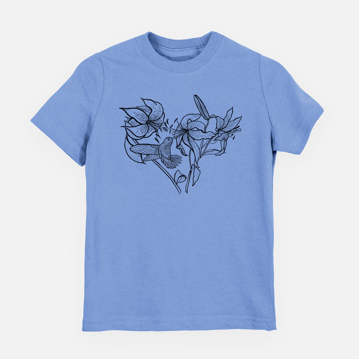 Carolina blue youth t-shirt laid flat, printed with a black ink line drawing of lilies and a hummingbird arranged in a heart shape.