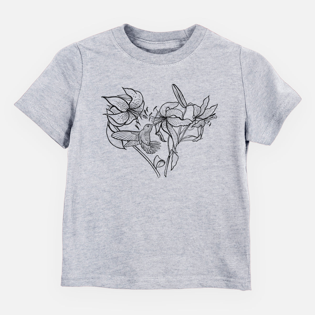 Heather grey toddler t-shirt laid flat, printed with a black ink line drawing of lilies and a hummingbird arranged in a heart shape.