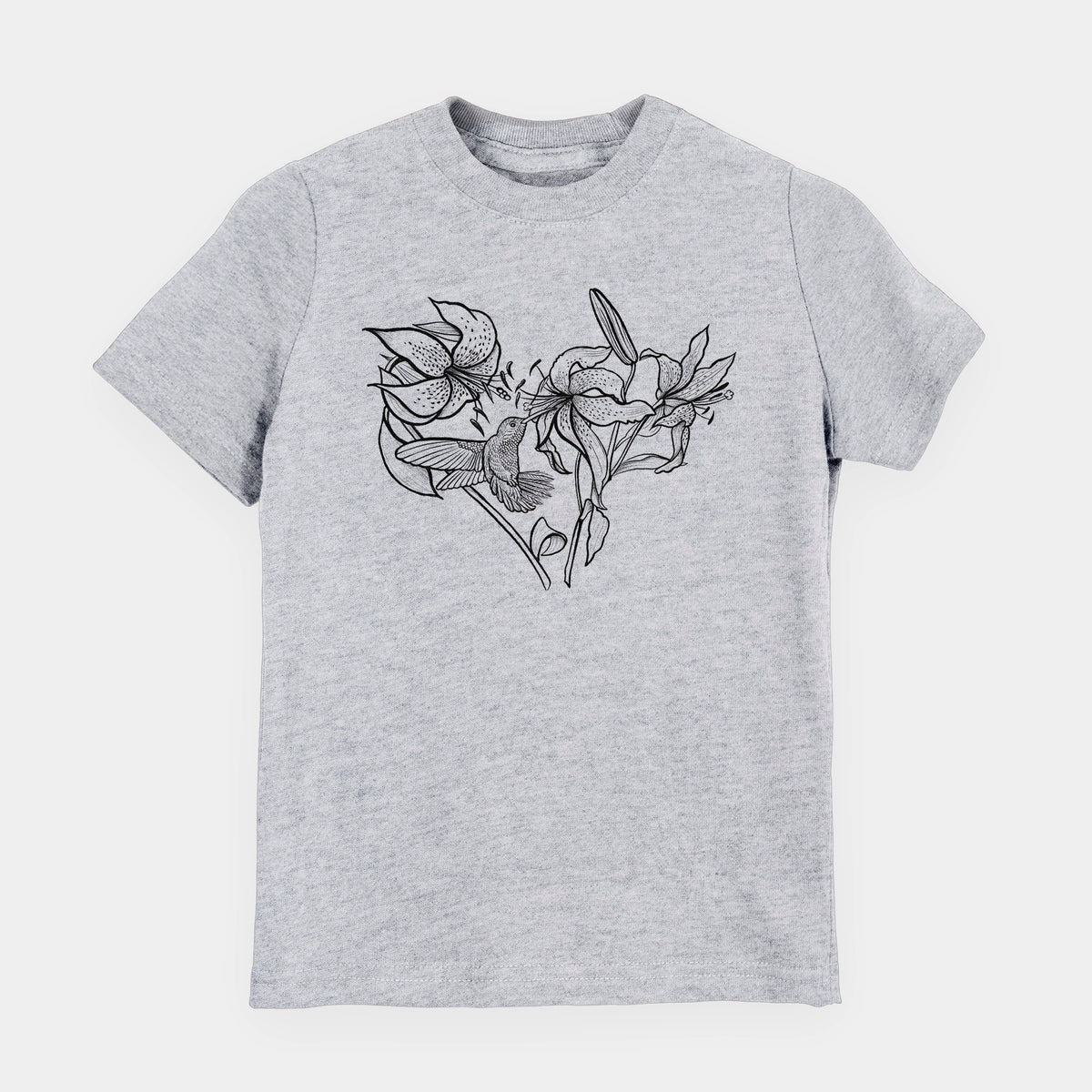 Heather grey youth t-shirt laid flat, printed with a black ink line drawing of lilies and a hummingbird arranged in a heart shape.