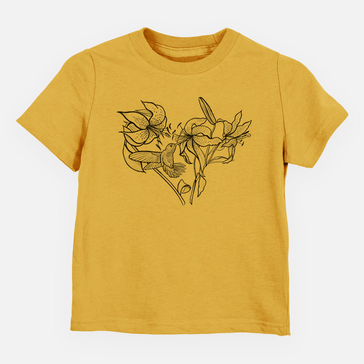 Honeycomb yellow toddler t-shirt laid flat, printed with a black ink line drawing of lilies and a hummingbird arranged in a heart shape.