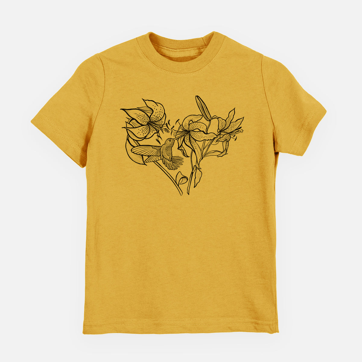 Honeycomb yellow youth t-shirt laid flat, printed with a black ink line drawing of lilies and a hummingbird arranged in a heart shape.