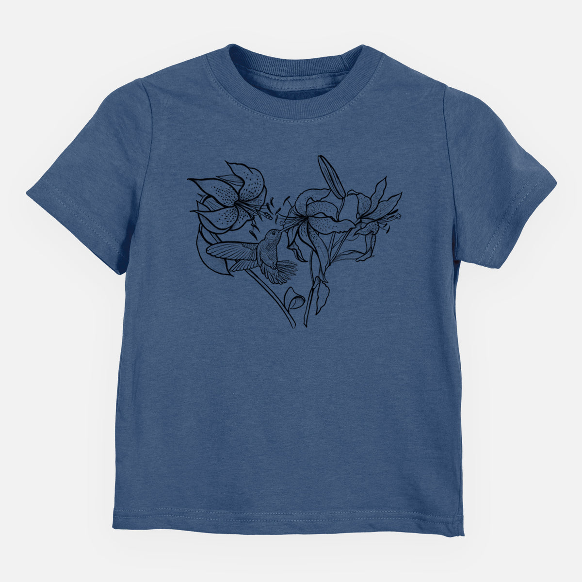 Indigo blue toddler t-shirt laid flat, printed with a black ink line drawing of lilies and a hummingbird arranged in a heart shape.