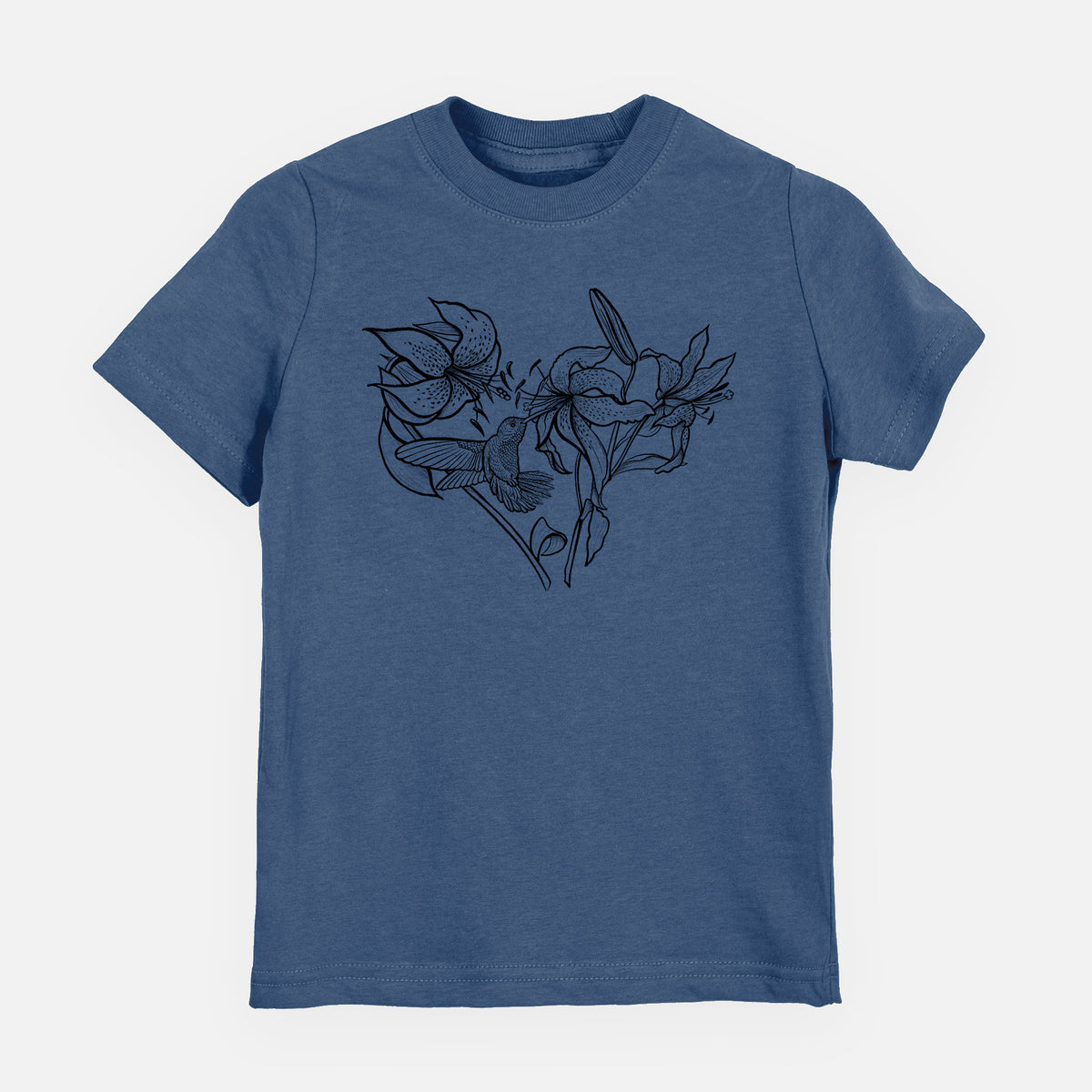 Indigo blue youth t-shirt laid flat, printed with a black ink line drawing of lilies and a hummingbird arranged in a heart shape.