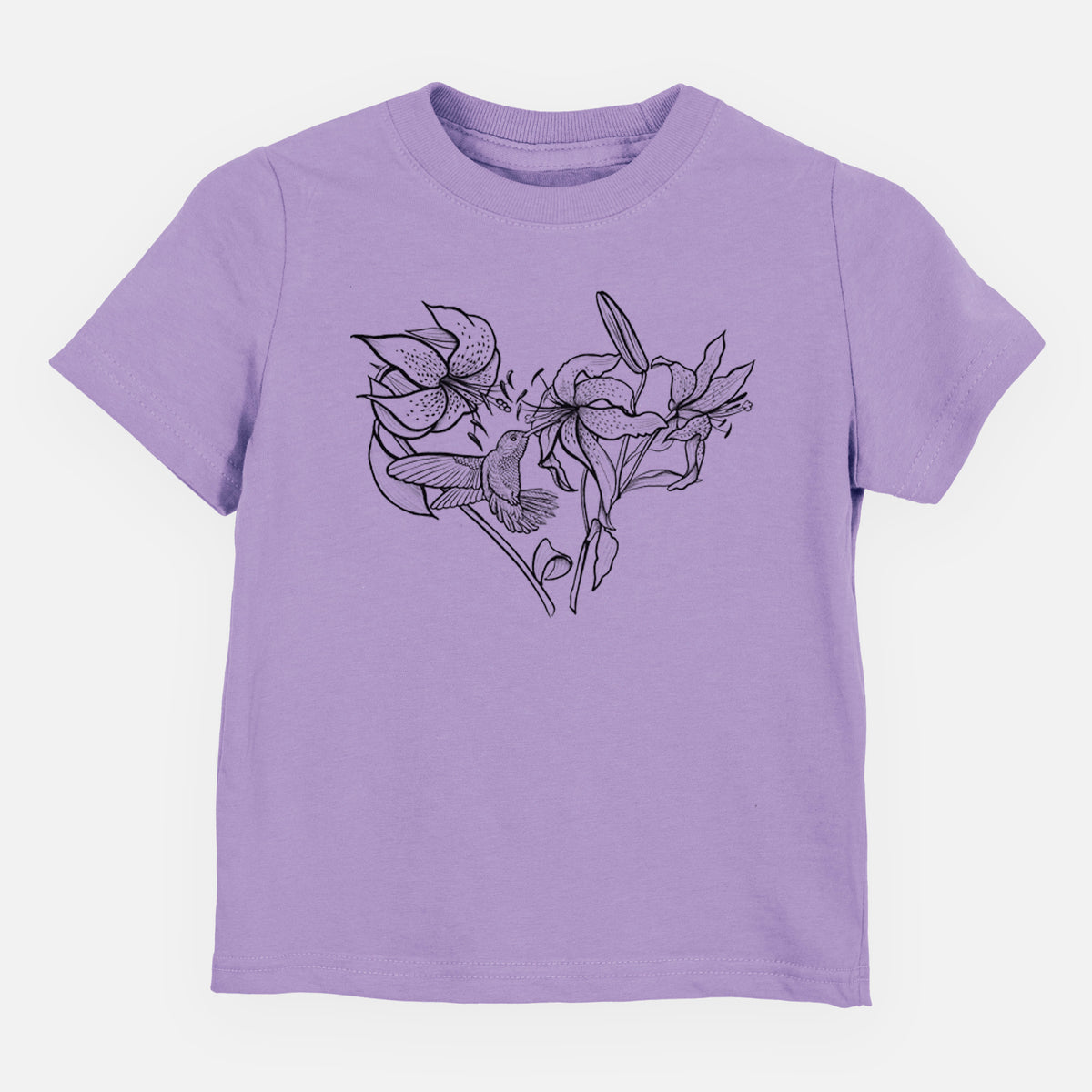Lavender toddler t-shirt laid flat, printed with a black ink line drawing of lilies and a hummingbird arranged in a heart shape.