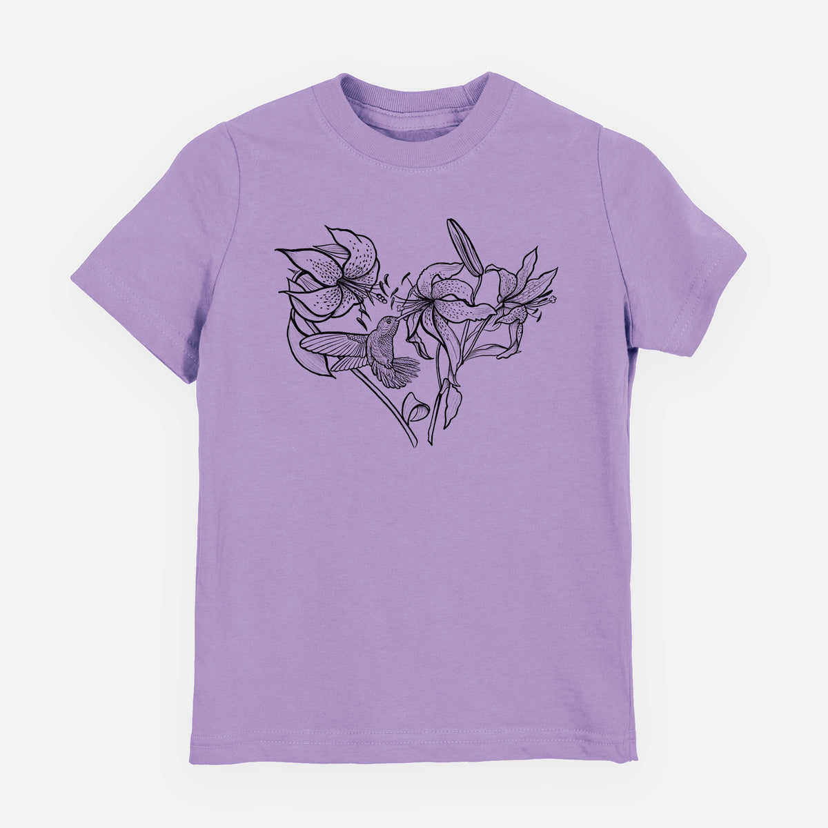Lavender youth t-shirt laid flat, printed with a black ink line drawing of lilies and a hummingbird arranged in a heart shape.