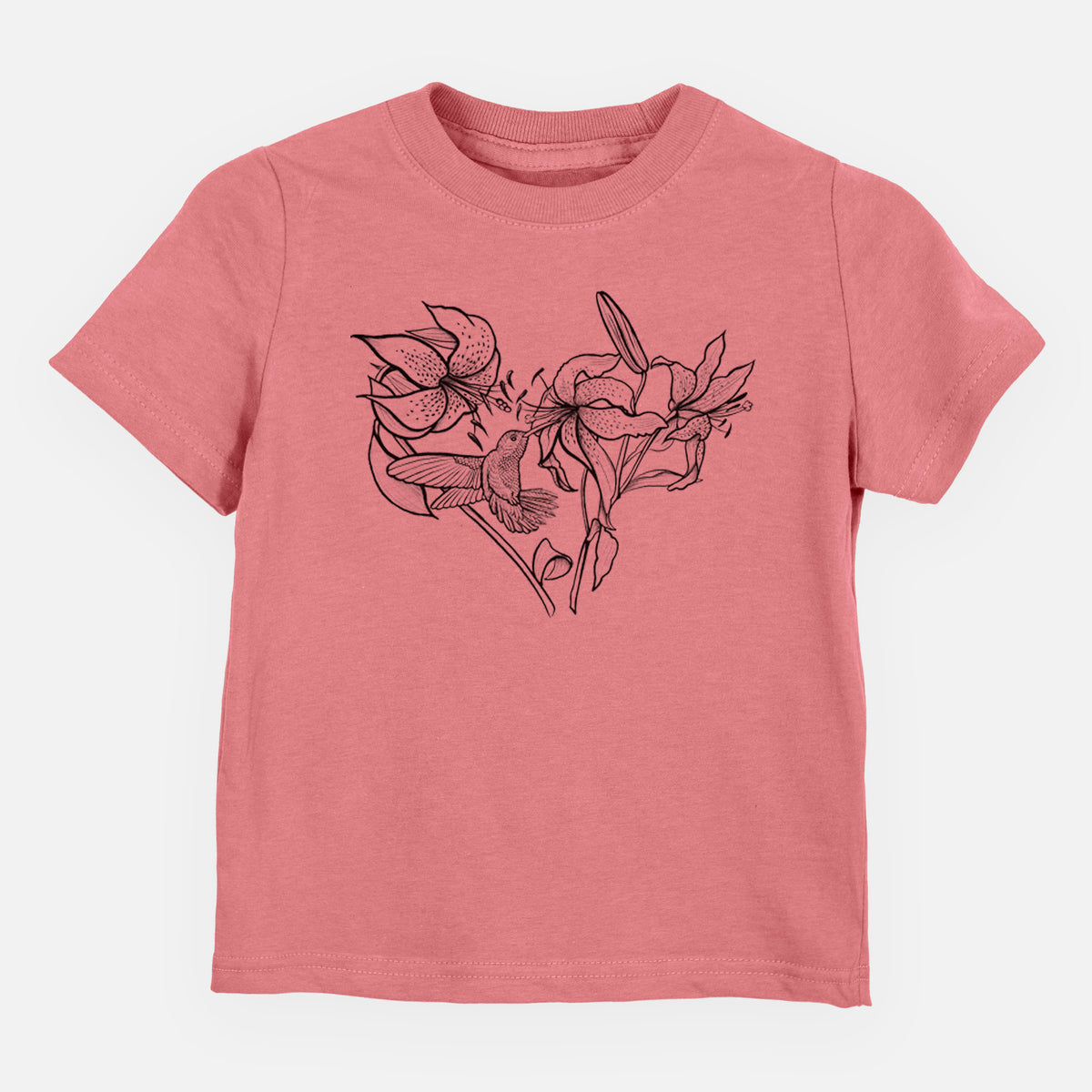 Mauve pink toddler t-shirt laid flat, printed with a black ink line drawing of lilies and a hummingbird arranged in a heart shape.