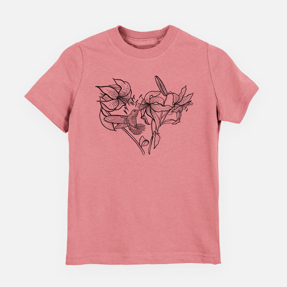 Mauve pink youth t-shirt laid flat, printed with a black ink line drawing of lilies and a hummingbird arranged in a heart shape.
