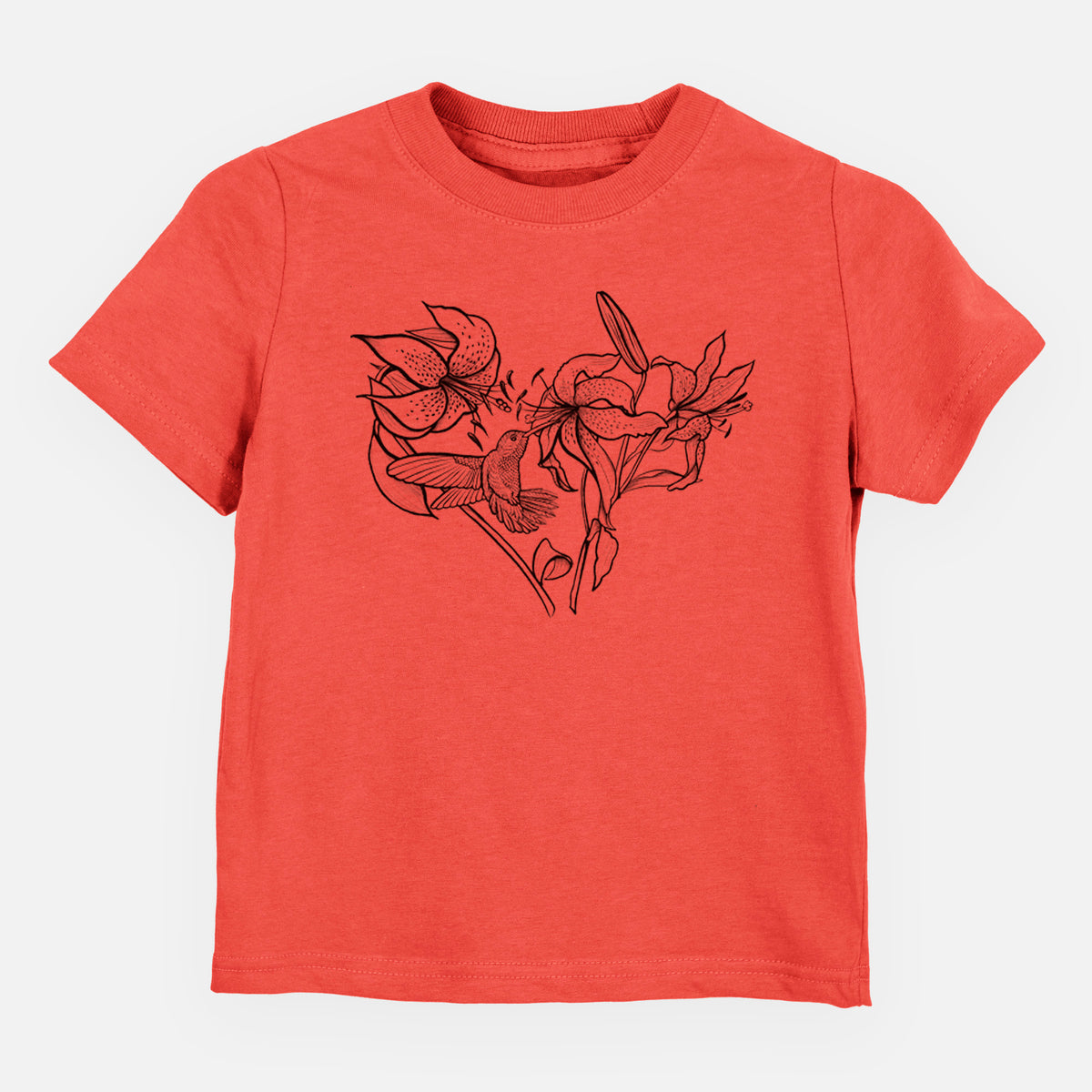 Passionfruit pink toddler t-shirt laid flat, printed with a black ink line drawing of lilies and a hummingbird arranged in a heart shape.