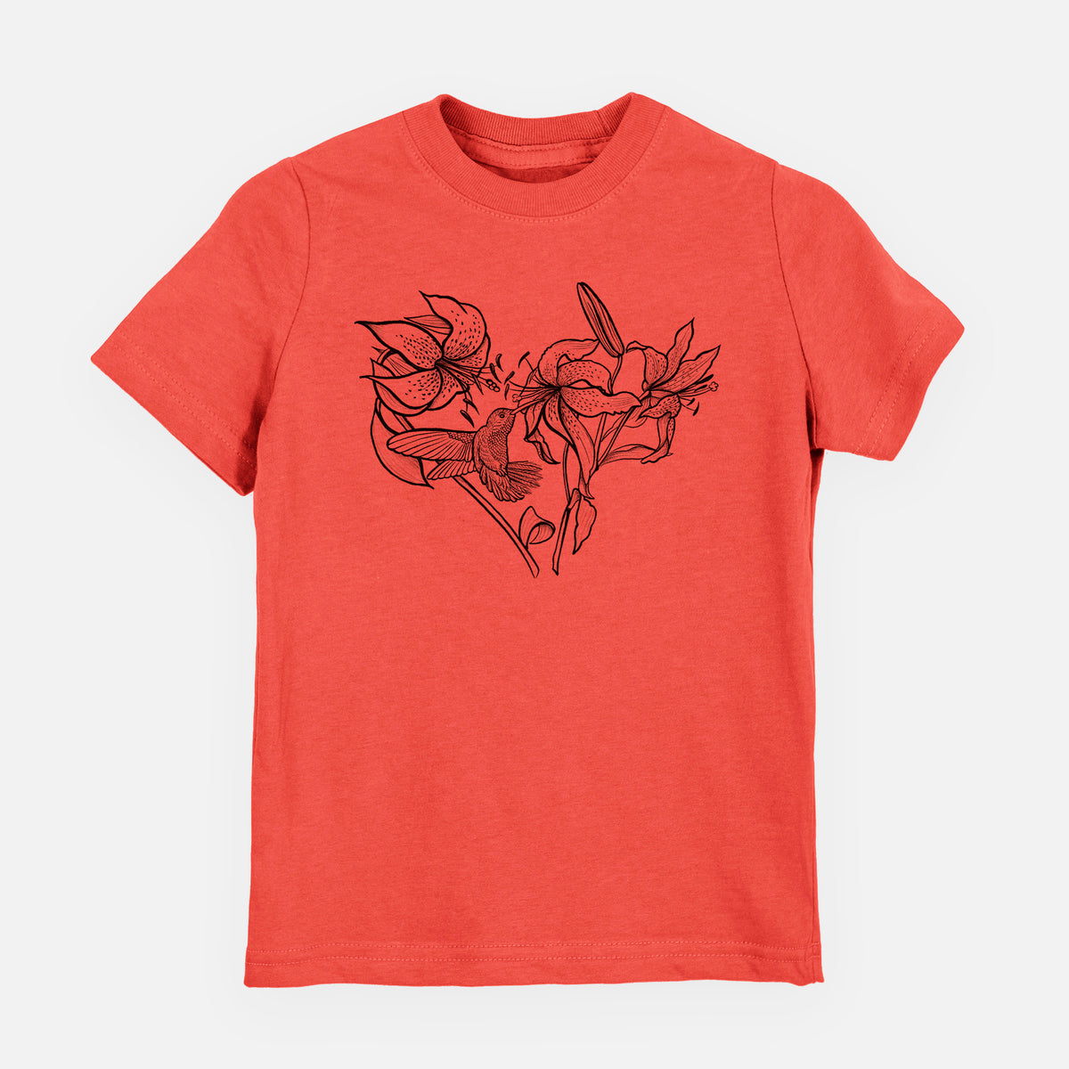 Passionfruit pink youth t-shirt laid flat, printed with a black ink line drawing of lilies and a hummingbird arranged in a heart shape.