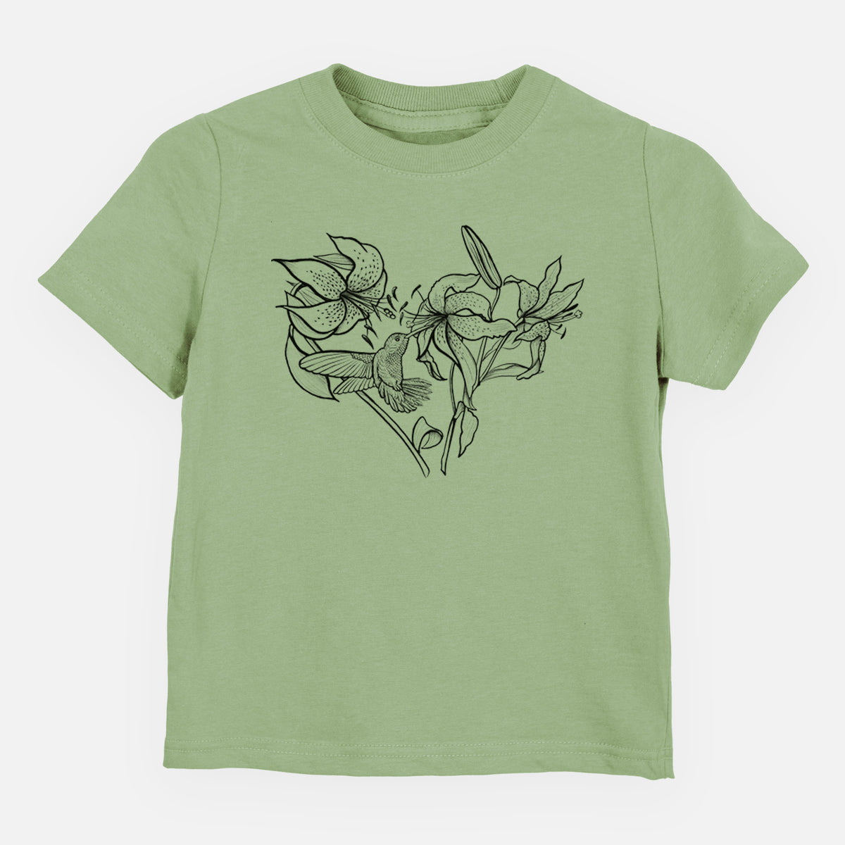Sage green toddler t-shirt laid flat, printed with a black ink line drawing of lilies and a hummingbird arranged in a heart shape.