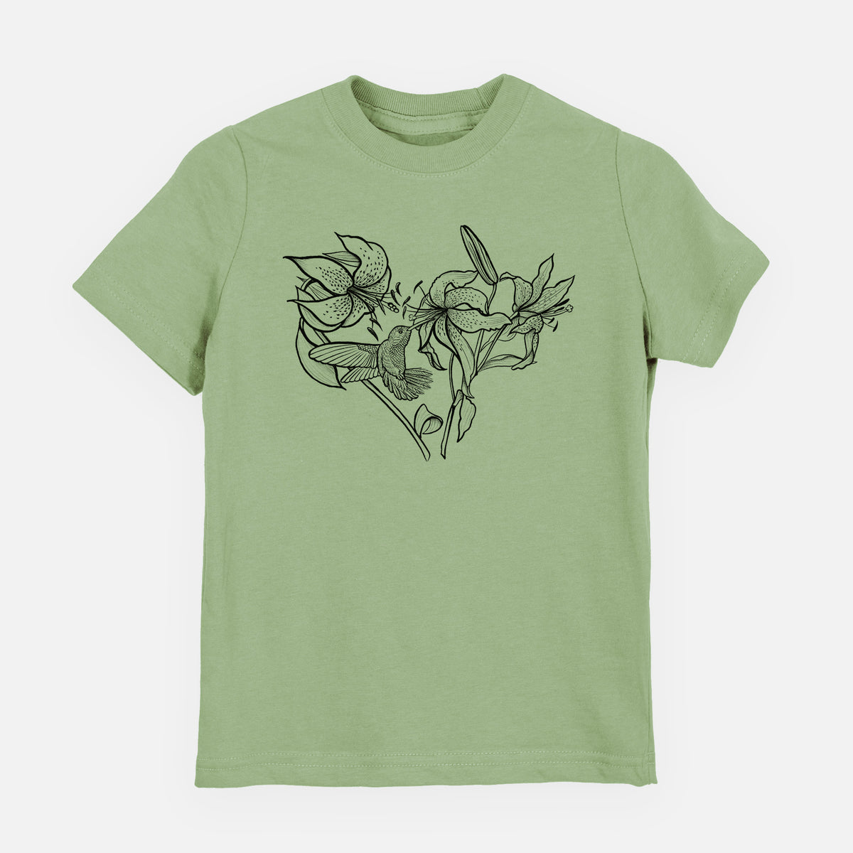Sage green youth t-shirt laid flat, printed with a black ink line drawing of lilies and a hummingbird arranged in a heart shape.