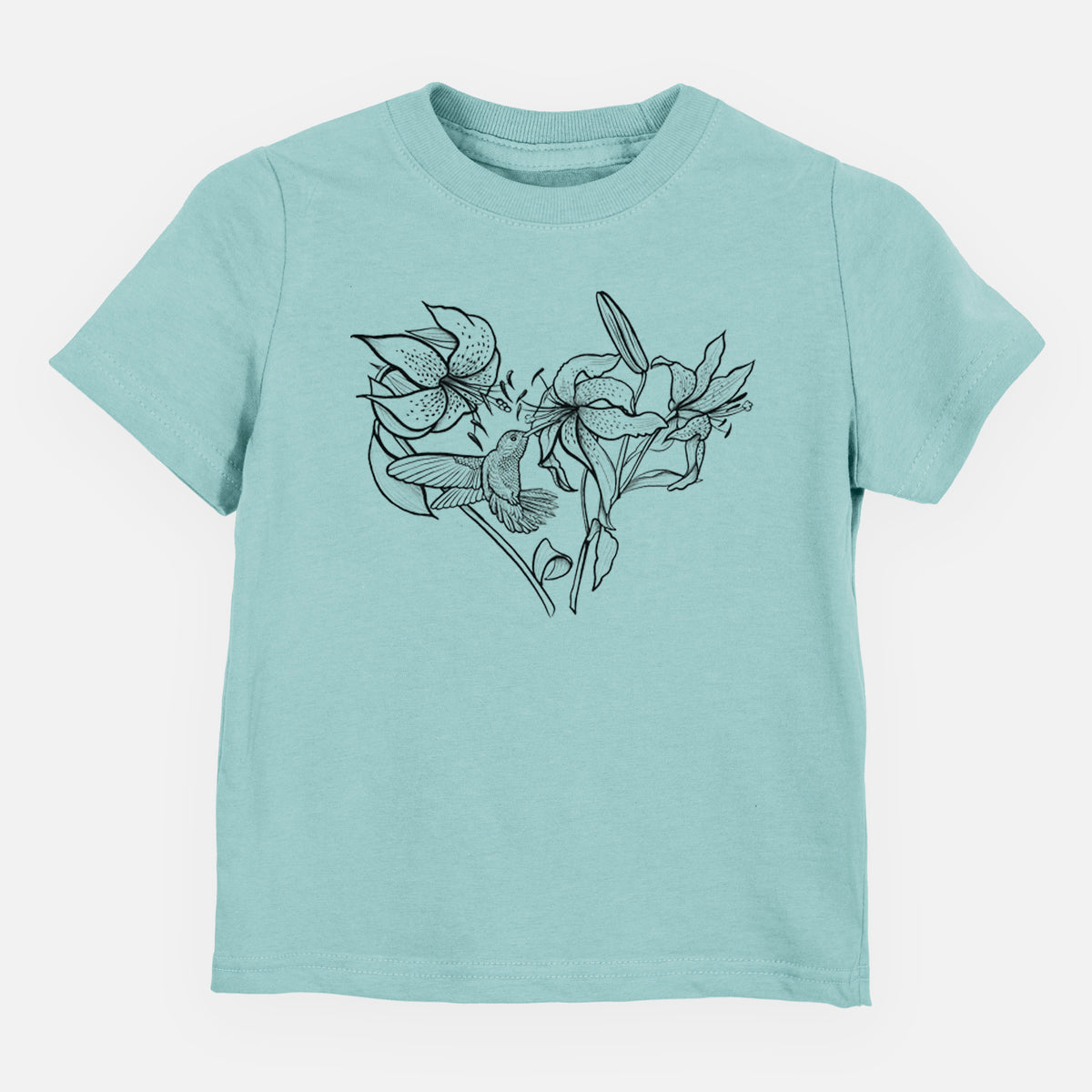Saltwater toddler t-shirt laid flat, printed with a black ink line drawing of lilies and a hummingbird arranged in a heart shape.
