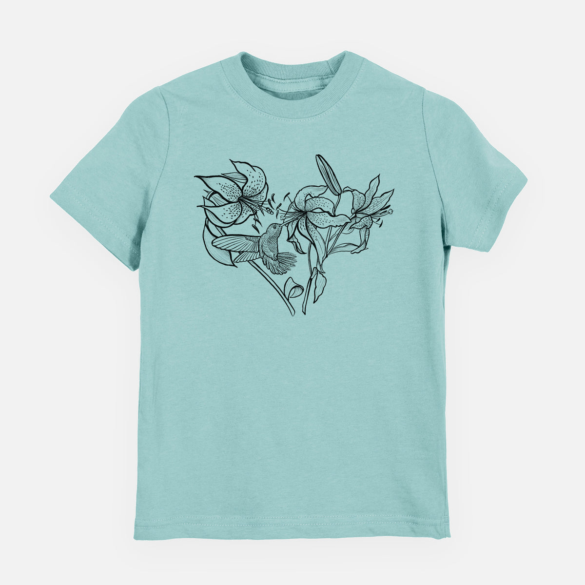 Saltwater youth t-shirt laid flat, printed with a black ink line drawing of lilies and a hummingbird arranged in a heart shape.