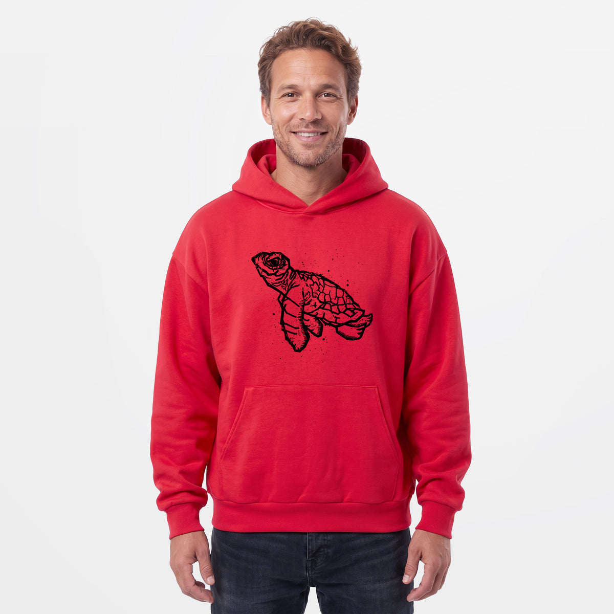 Male model wearing the Baby Sea Turtle - Statement Midweight Hoodie.