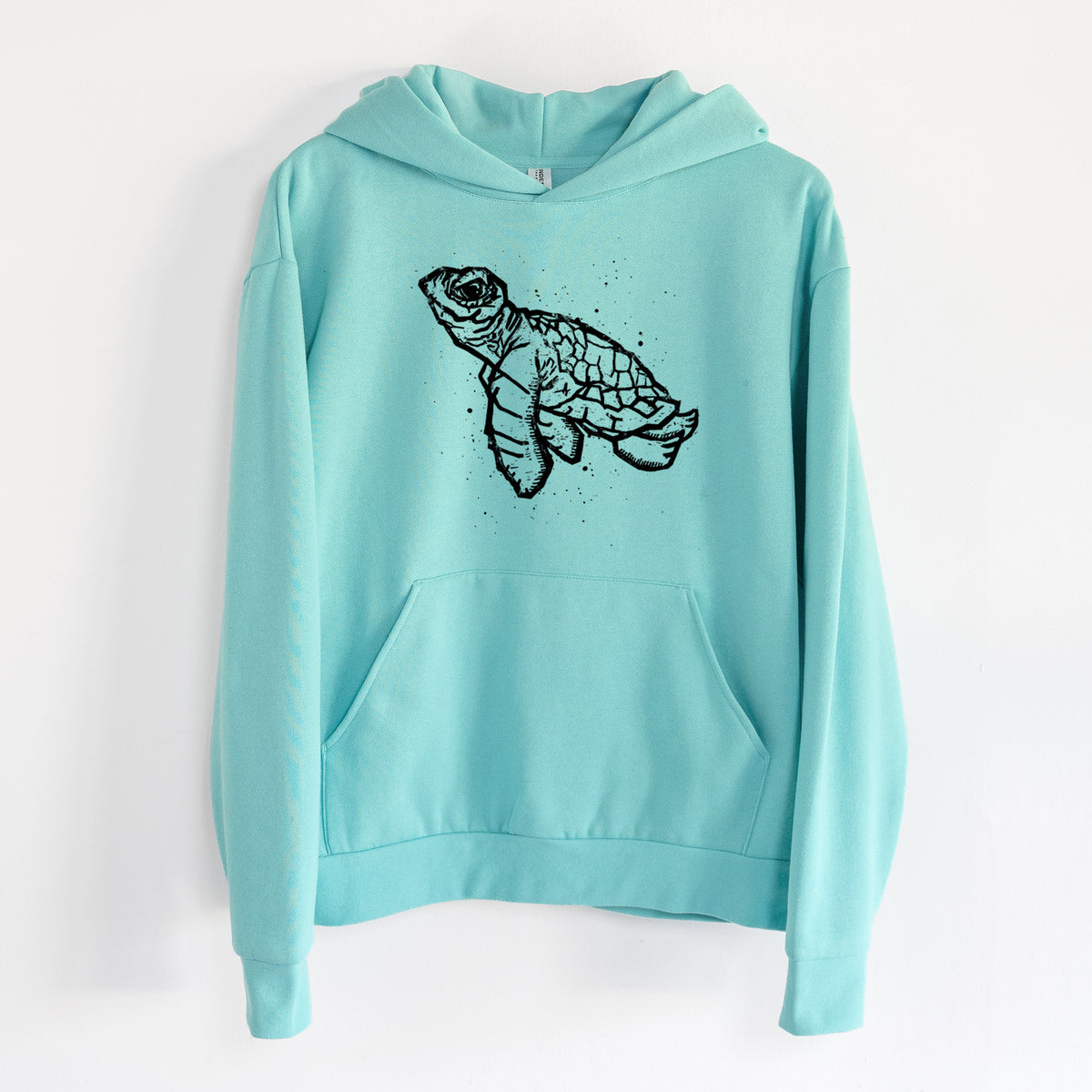 Baby Sea Turtle - Statement Midweight Hoodie in Seafoam, hanging on a white wall, with a front kangaroo pocket and no drawcords.