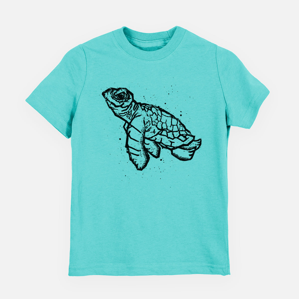 Caribbean blue youth t-shirt laid flat, printed with a black linocut-style illustration of a baby sea turtle with a patterned shell and ink splatters.