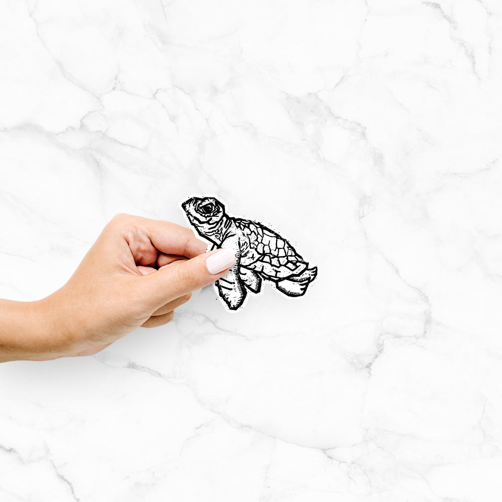 Hand holding a 4 inch vinyl decal of a black linocut-style illustration of a baby sea turtle with a patterned shell and ink splatters.