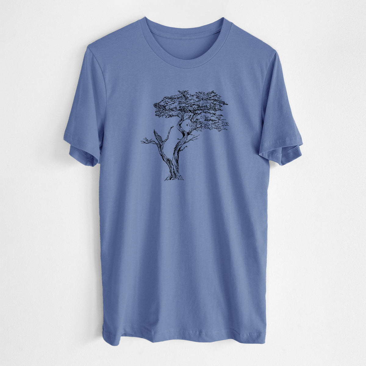 Blue bell lightweight cotton t-shirt laid flat, printed with a black ink illustration of the windswept Lone Cypress tree on a rocky outcrop.