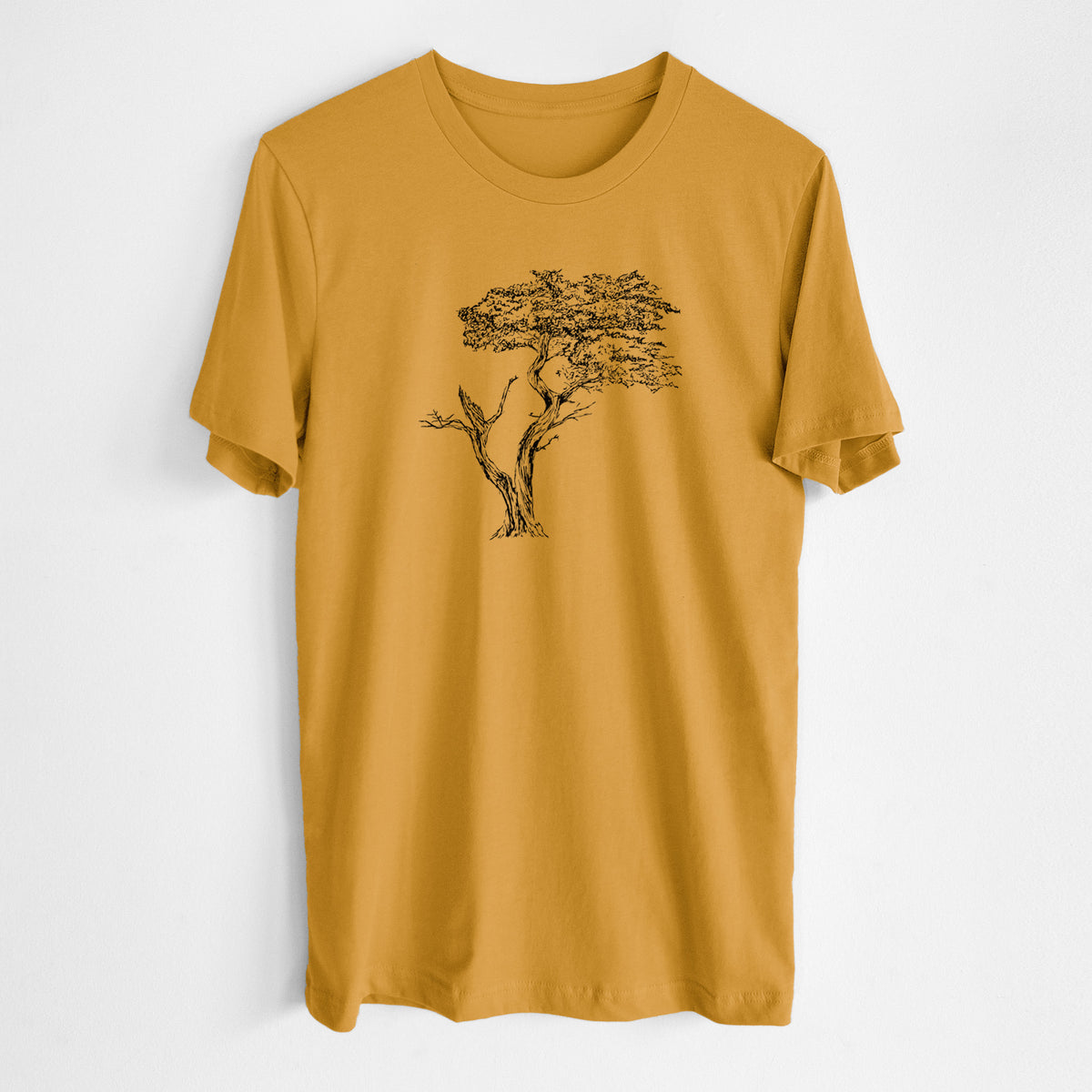 Honeycomb yellow lightweight cotton t-shirt laid flat, printed with a black ink illustration of the windswept Lone Cypress tree on a rocky outcrop.