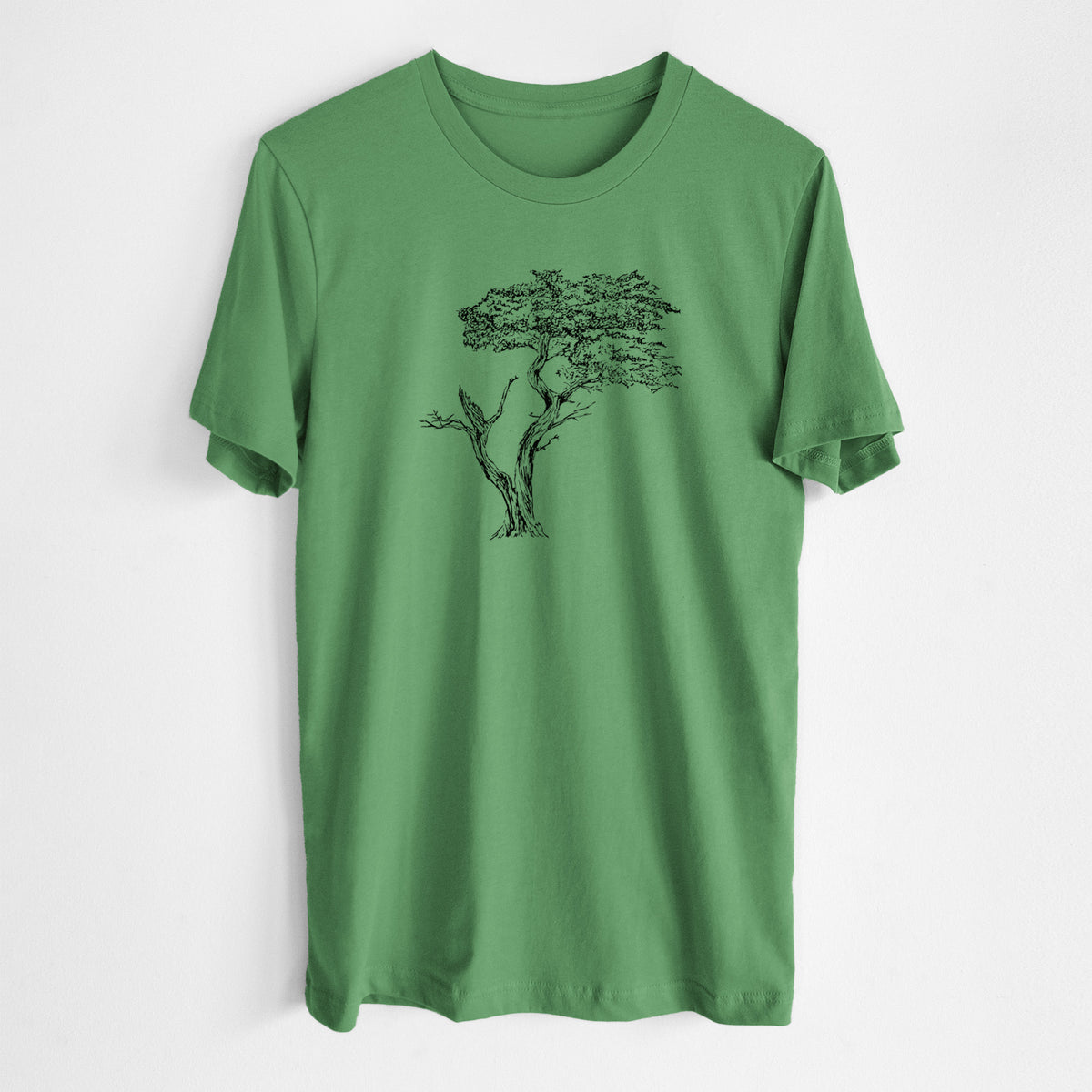 Leaf green lightweight cotton t-shirt laid flat, printed with a black ink illustration of the windswept Lone Cypress tree on a rocky outcrop.