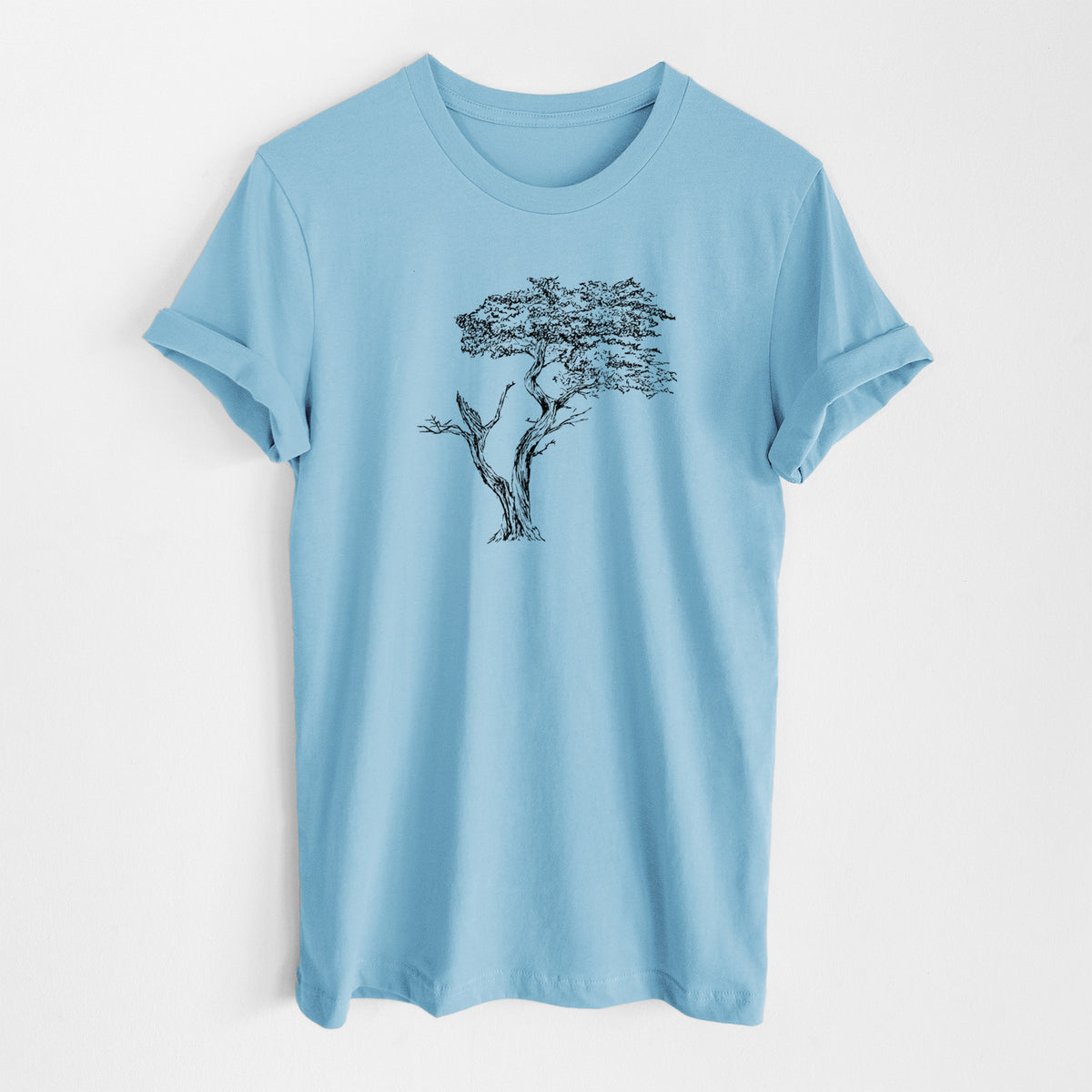 Ocean blue lightweight cotton t-shirt laid flat, printed with a black ink illustration of the windswept Lone Cypress tree on a rocky outcrop.
