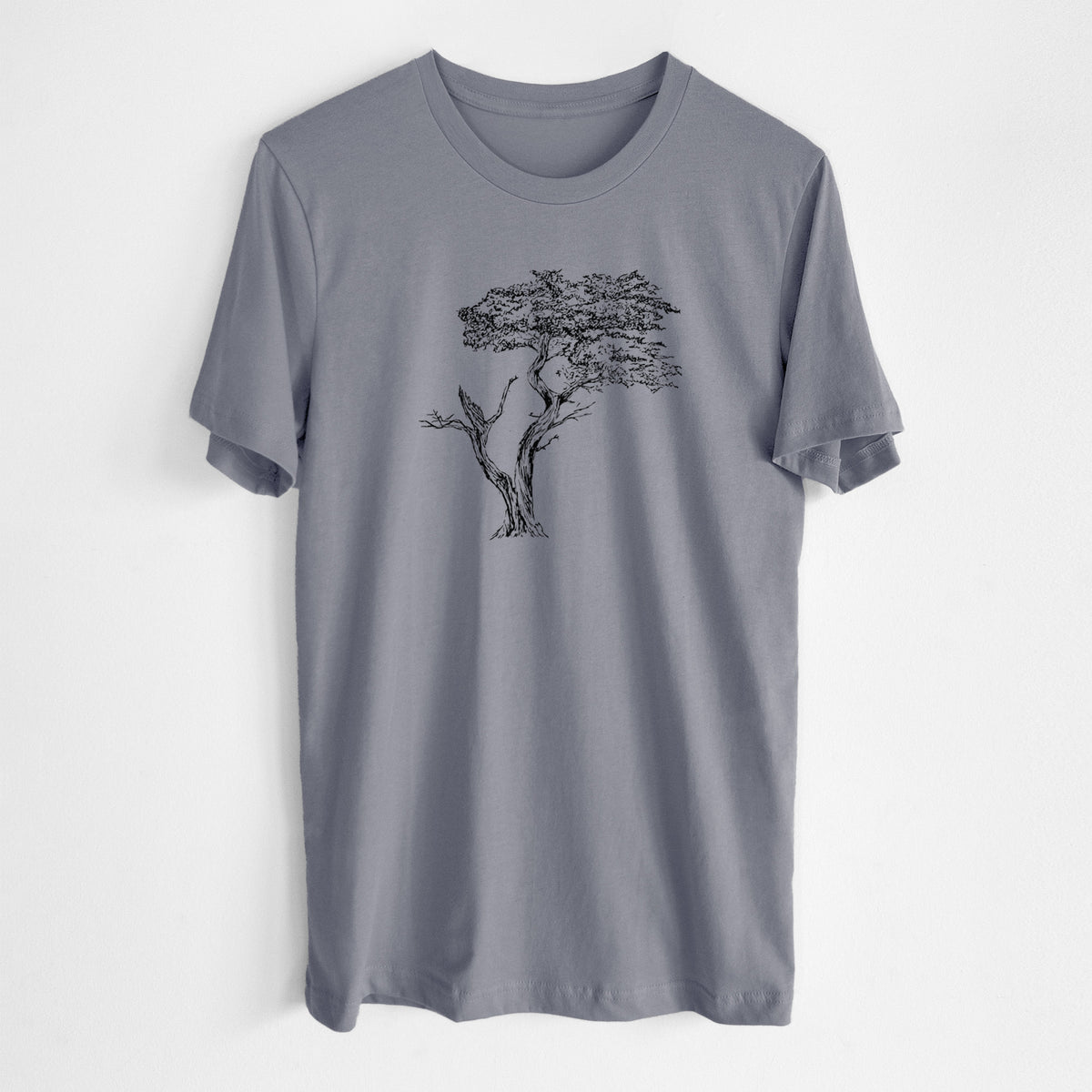 Storm grey lightweight cotton t-shirt laid flat, printed with a black ink illustration of the windswept Lone Cypress tree on a rocky outcrop.