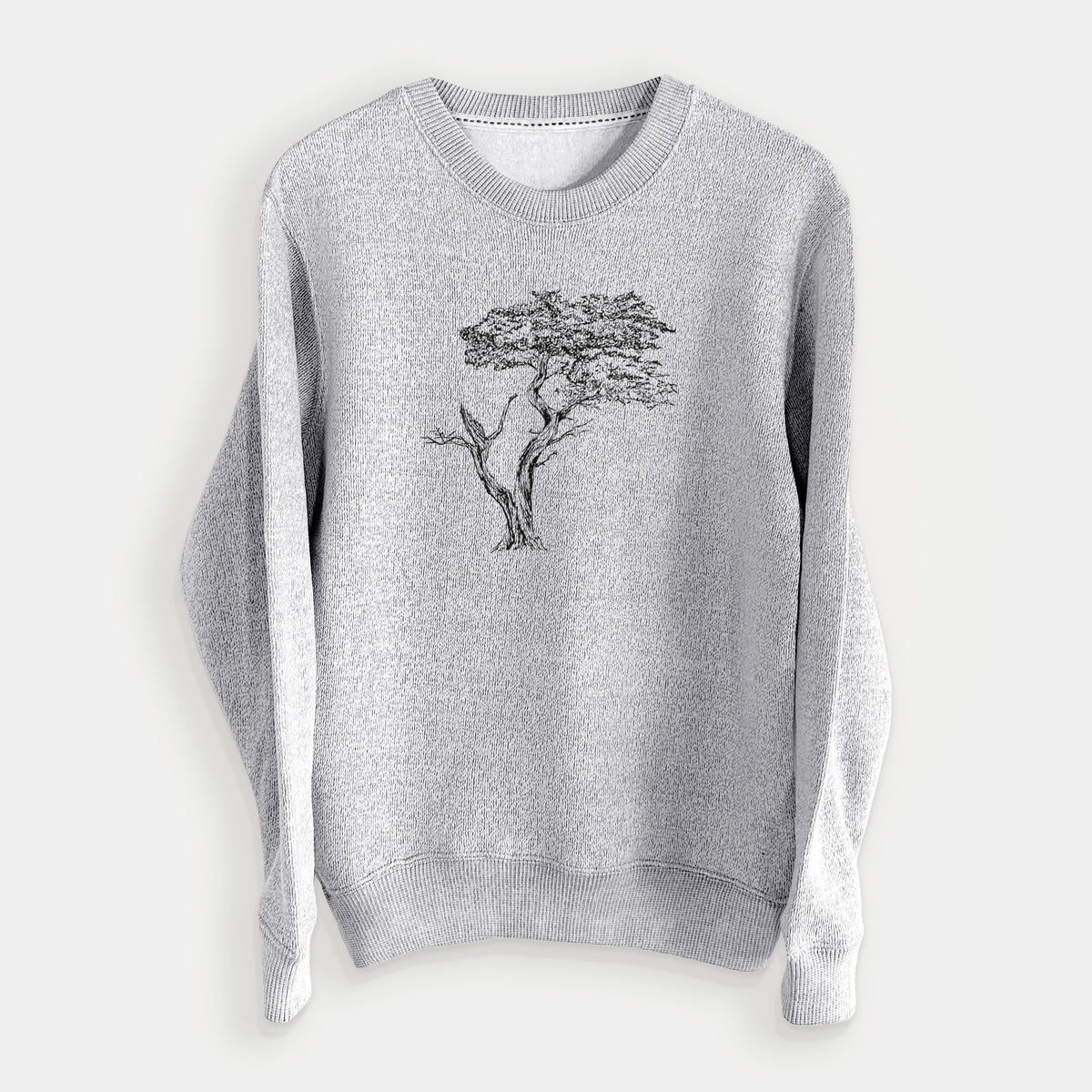 Salt and pepper knit sweatshirt laid flat, printed with a black ink illustration of the windswept Lone Cypress tree on a rocky outcrop.