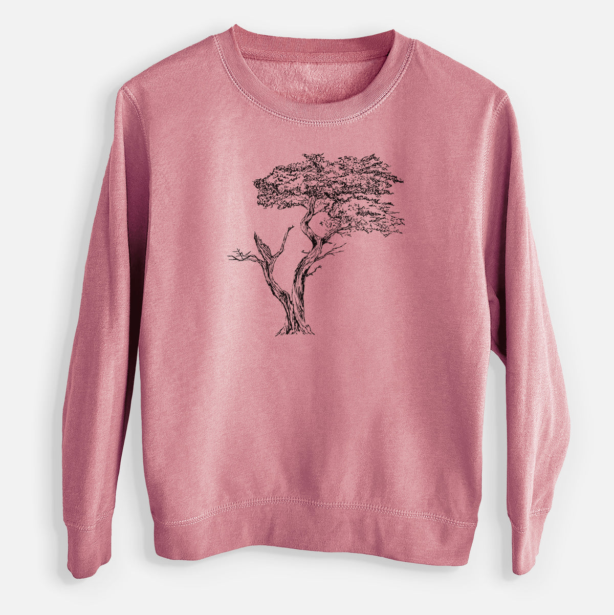 Mauve pink youth crewneck sweatshirt laid flat, printed with a black ink illustration of the windswept Lone Cypress tree on a rocky outcrop.