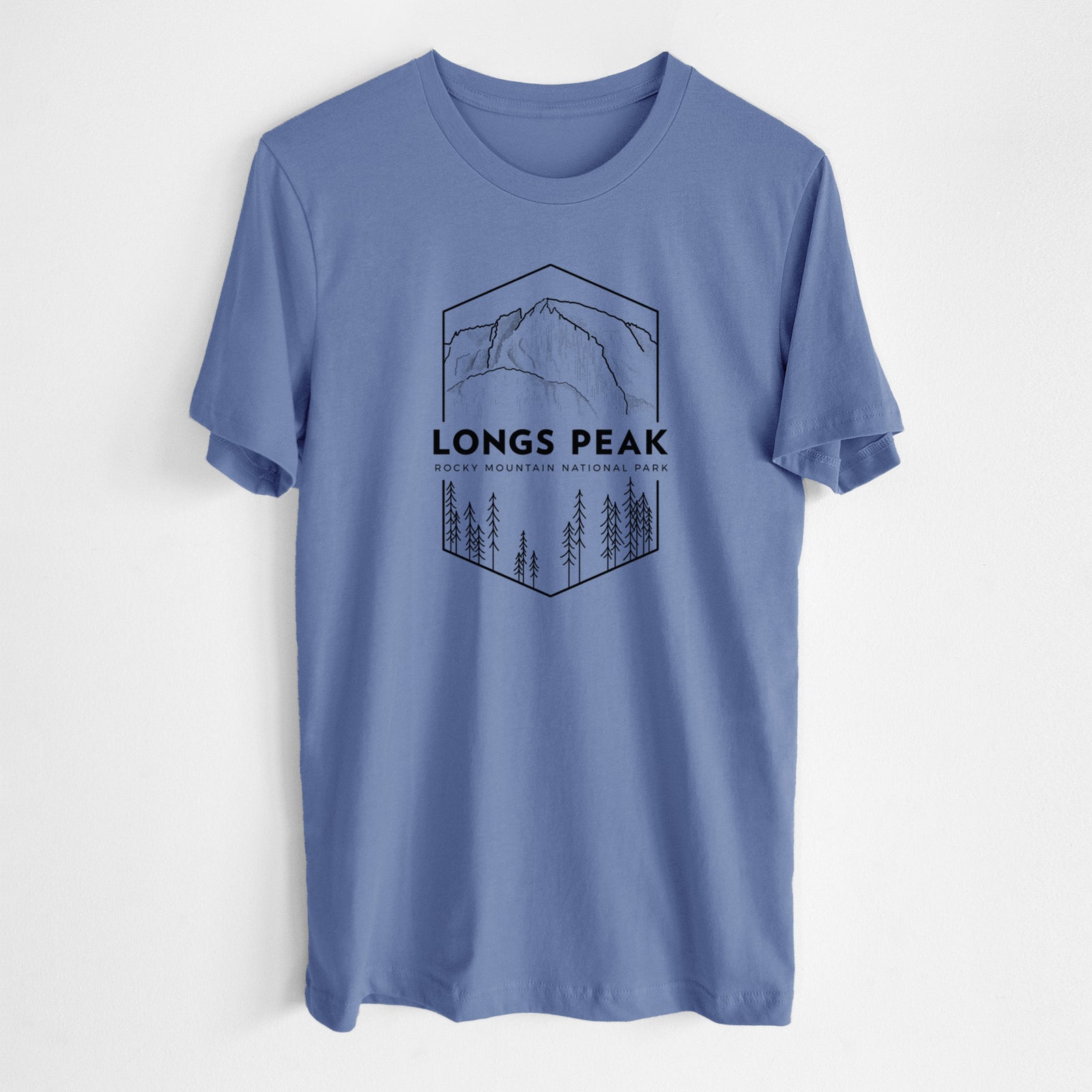 Blue bell lightweight cotton t-shirt laid flat, printed with a black line art badge of Longs Peak above a pine forest, with the words Longs Peak, Rocky Mountain National Park.