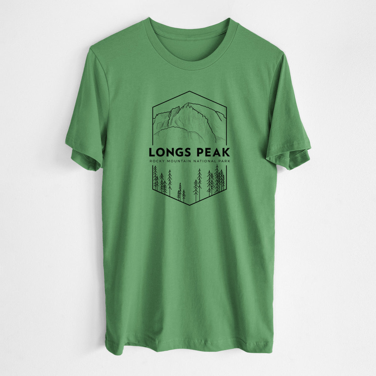 Leaf green lightweight cotton t-shirt laid flat, printed with a black line art badge of Longs Peak above a pine forest, with the words Longs Peak, Rocky Mountain National Park.