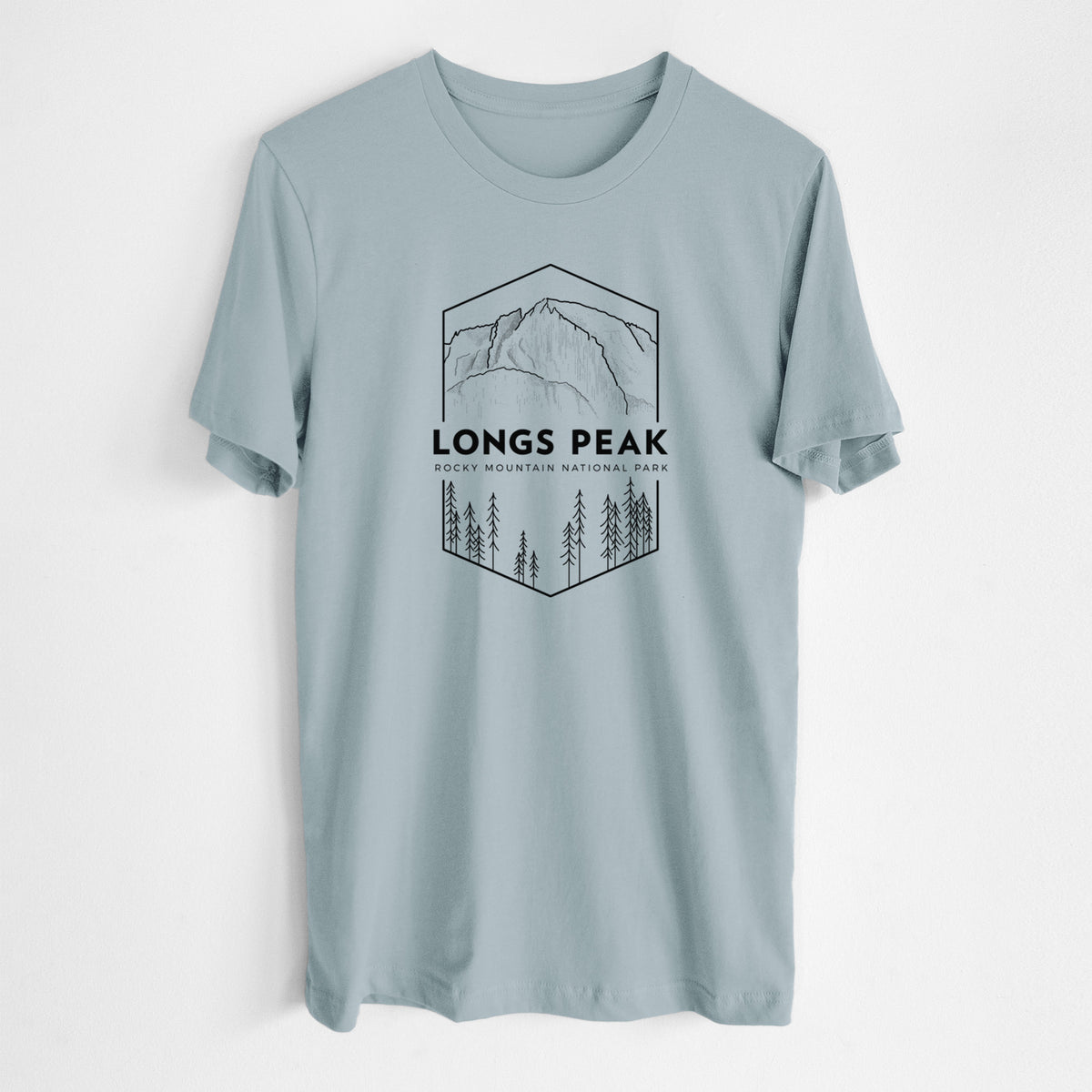 Vintage denim lightweight cotton t-shirt laid flat, printed with a black line art badge of Longs Peak above a pine forest, with the words Longs Peak, Rocky Mountain National Park.