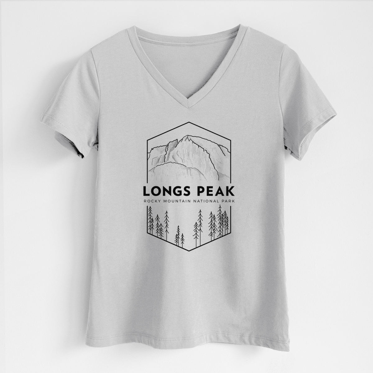 Lunar grey women's relaxed fit cotton V-neck t-shirt laid flat, printed with a black line art badge of Longs Peak above a pine forest, with the words Longs Peak, Rocky Mountain National Park.