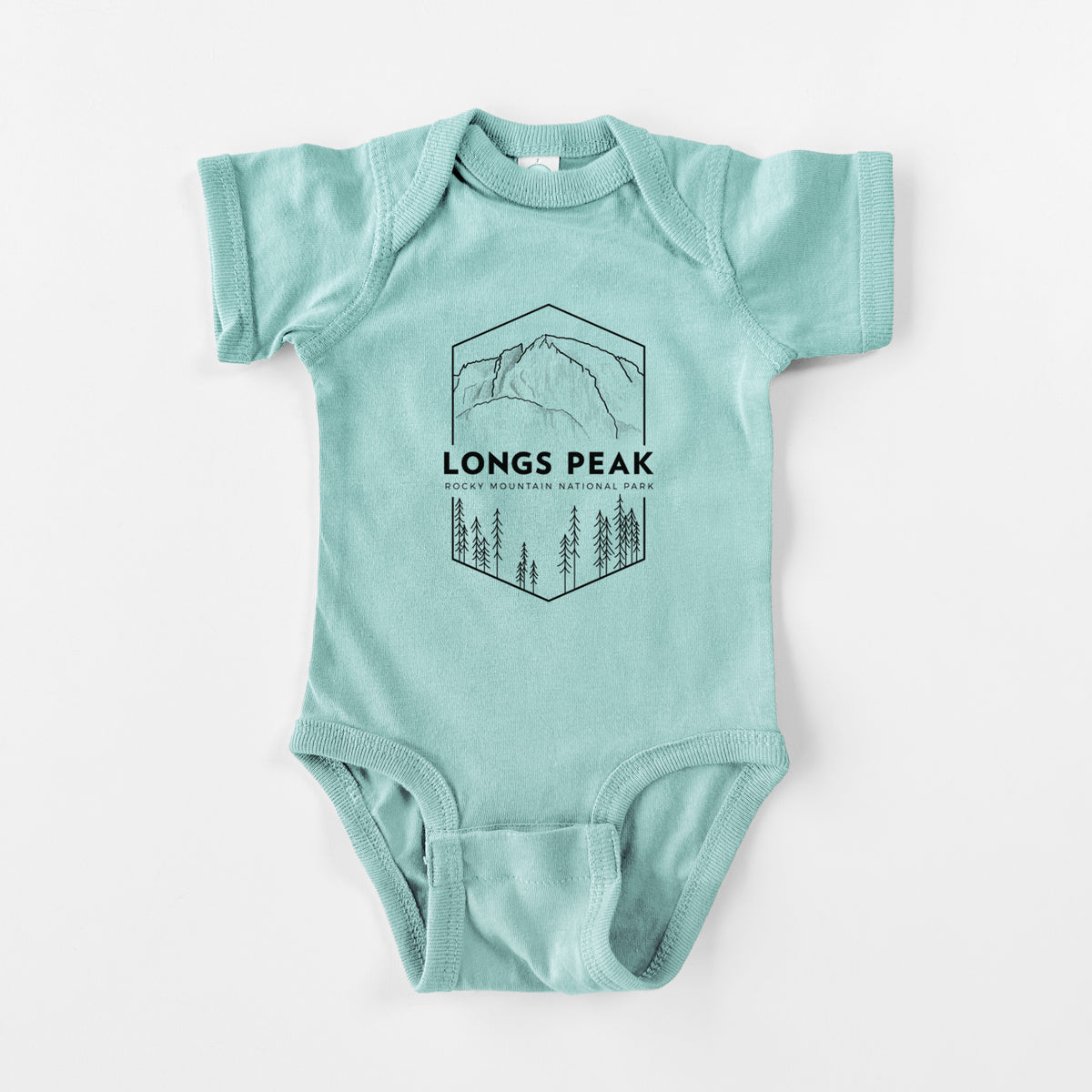 Saltwater baby bodysuit laid flat, printed with a black line art badge of Longs Peak above a pine forest, with the words Longs Peak, Rocky Mountain National Park.